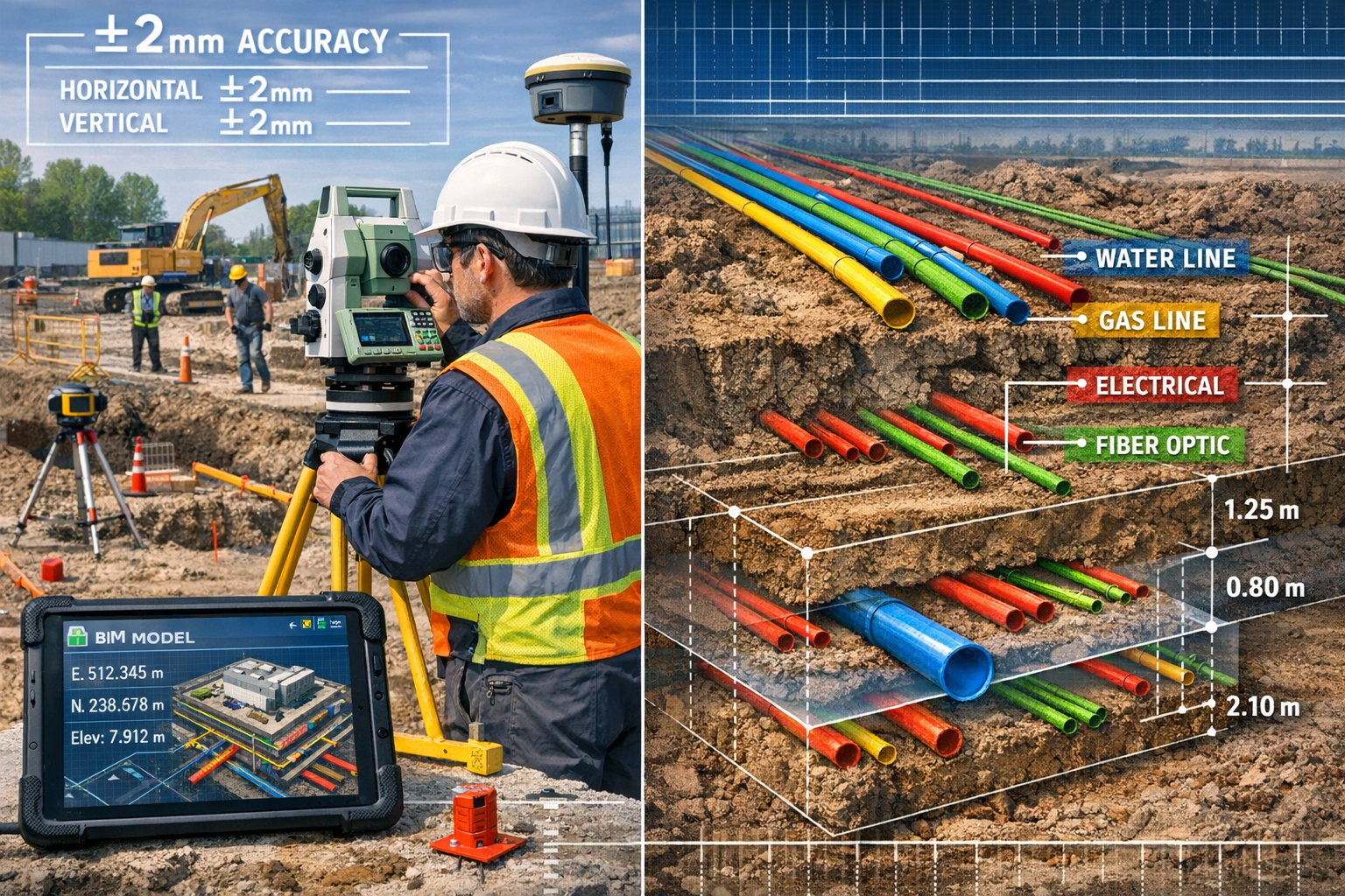 Detailed landscape format (1536x1024) image showing professional surveyor using advanced total station equipment and GPS rover on data cente