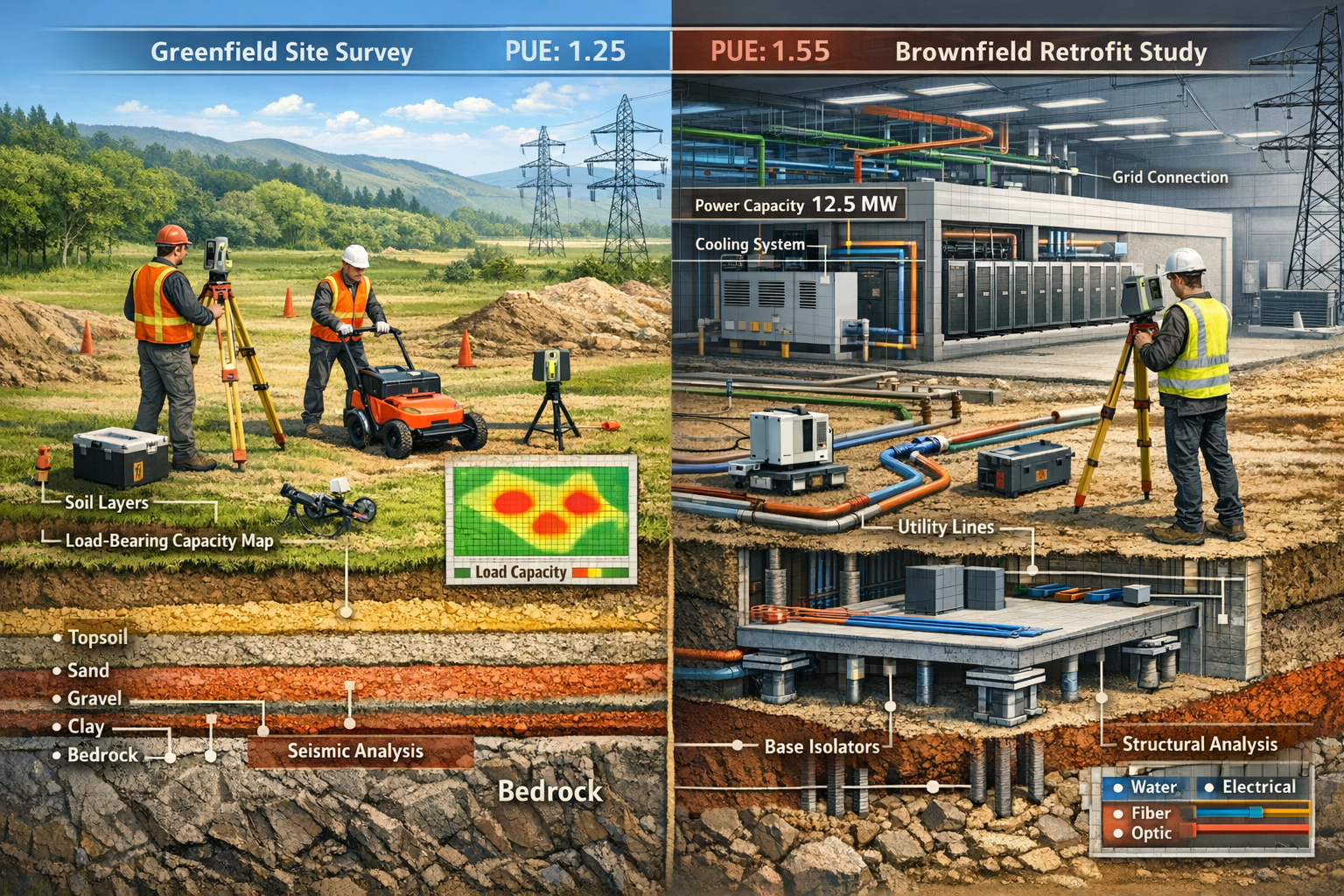 Detailed landscape format (1536x1024) technical illustration showing modular data center construction with surveyor conducting seismic resil