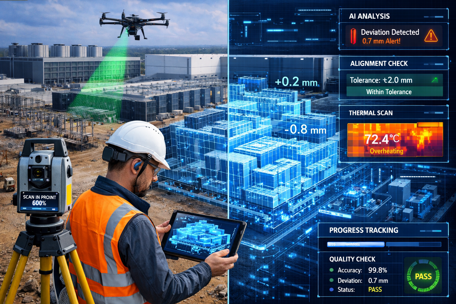 Detailed landscape format (1536x1024) futuristic image showing digital twin technology for data center surveying with holographic 3D site mo