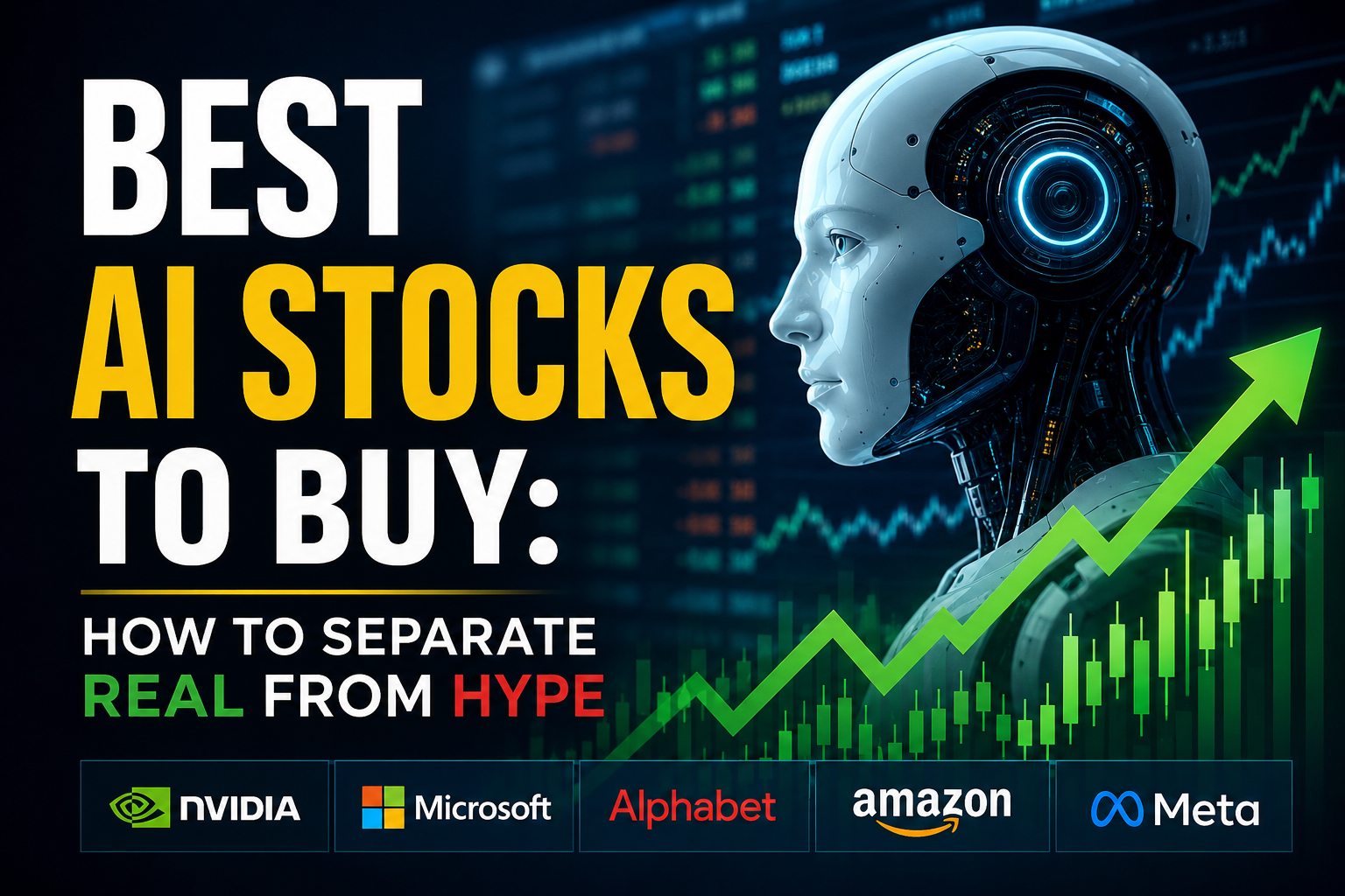 "Best AI Stocks to Buy: How to Separate Real From Hype". Modern design, , , aesthetic. Background imagery relevant to: Best