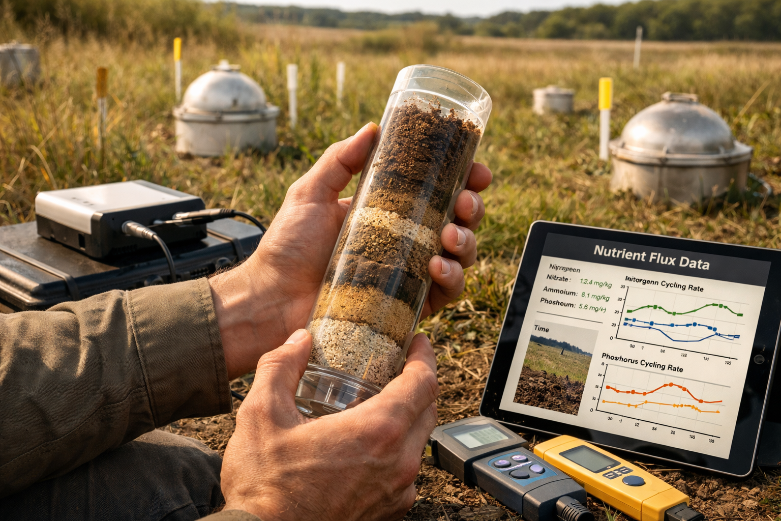 Detailed () image showing close-up view of field researcher's hands holding transparent acrylic soil core sampler with