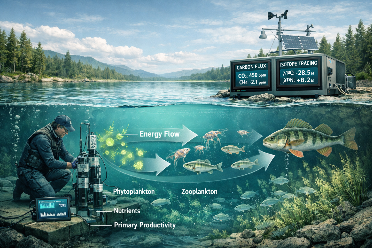 Wide-angle () image depicting cross-section view of aquatic ecosystem showing energy flow through trophic levels,