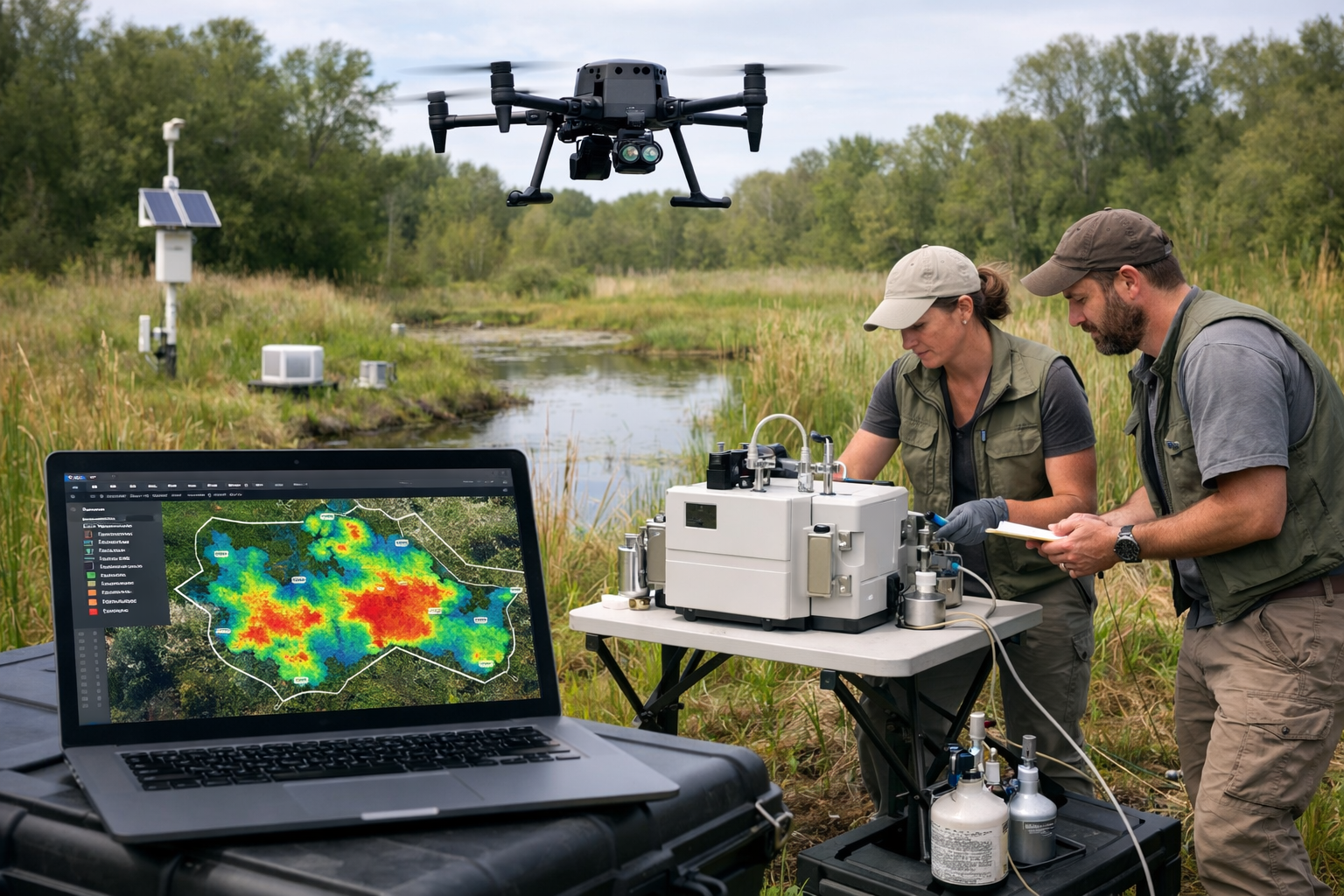 () image showing modern ecological survey team in restored wetland habitat, using drone with multispectral sensors hovering