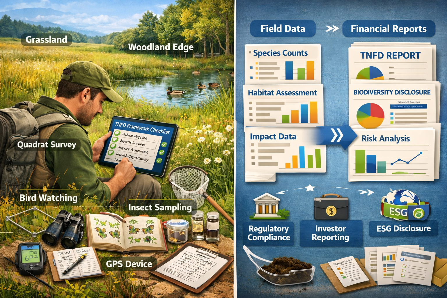 () detailed illustration showing ecologist in field gear conducting biodiversity survey with digital tablet displaying TNFD