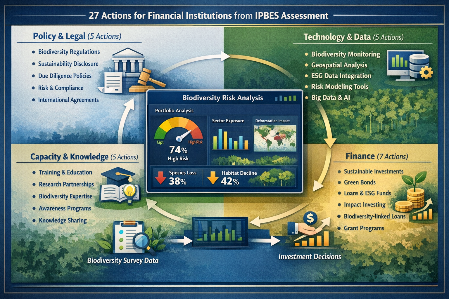 () professional infographic displaying four-quadrant framework showing the 27 actions for financial institutions from IPBES