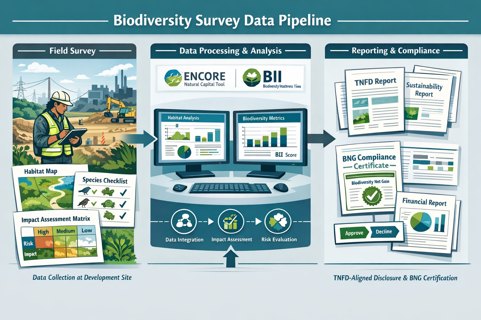 () detailed workflow diagram showing biodiversity survey data pipeline from field collection to financial reporting. Left