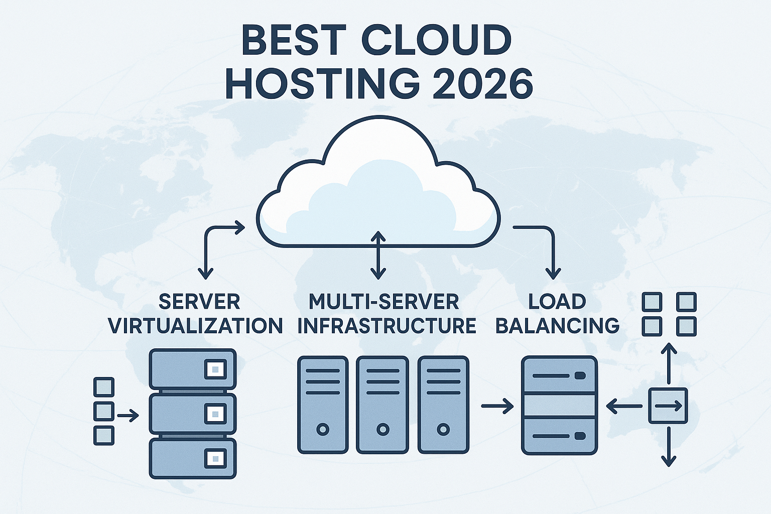 An infographic illustrating the core components of cloud hosting: server virtualization, multi-server infrastructure, and load balancing, wi