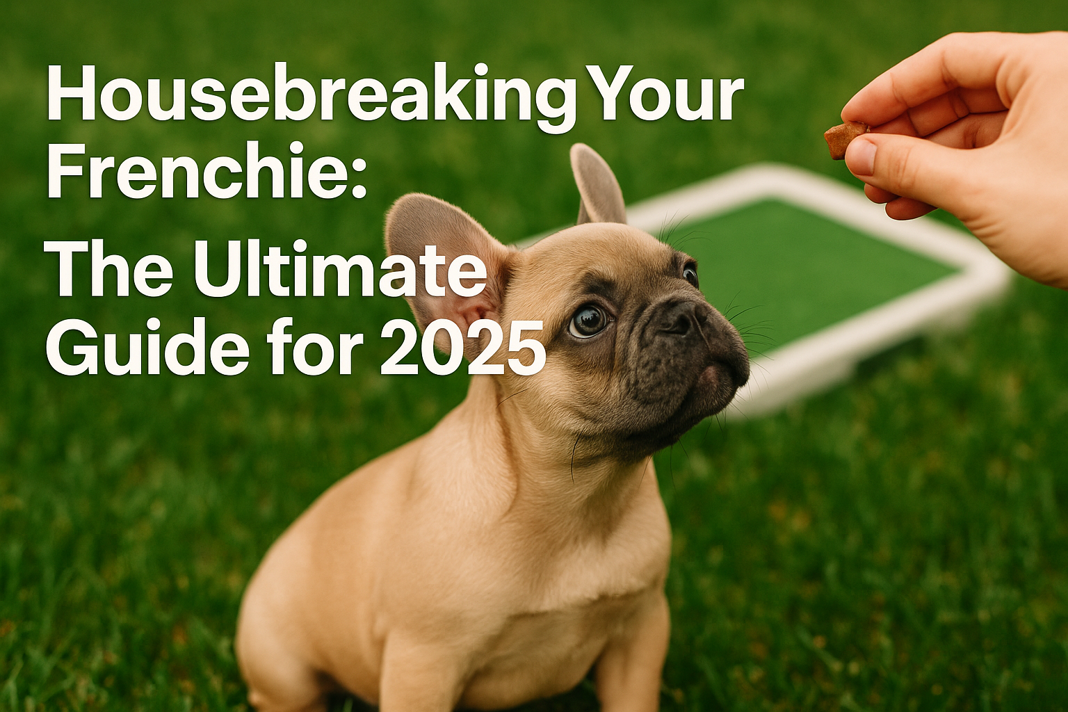 Professional landscape hero image (1536x1024) featuring a playful yet focused French Bulldog puppy looking attentively at a treat held by a 