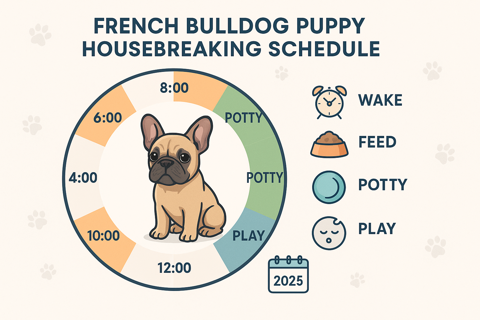 A detailed infographic illustrating a French Bulldog puppy's daily housebreaking schedule, showing specific times for waking, feeding, potty