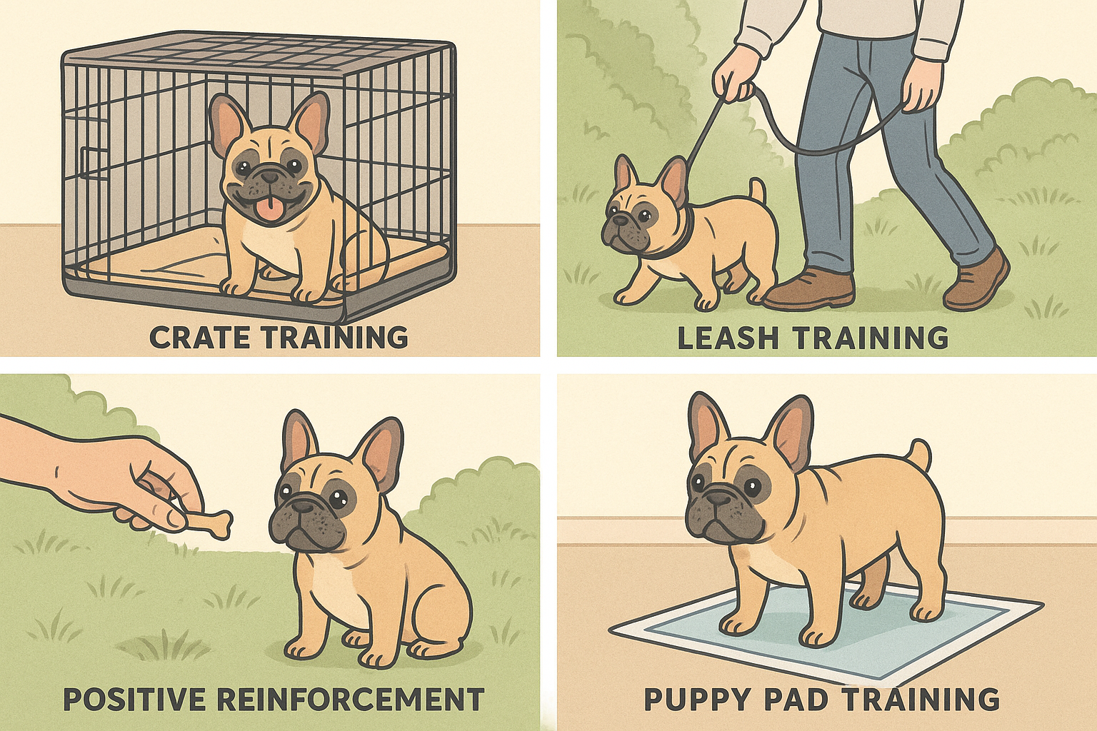 A series of four detailed illustrations demonstrating different housebreaking techniques for French Bulldogs: 1) Crate training with a happy