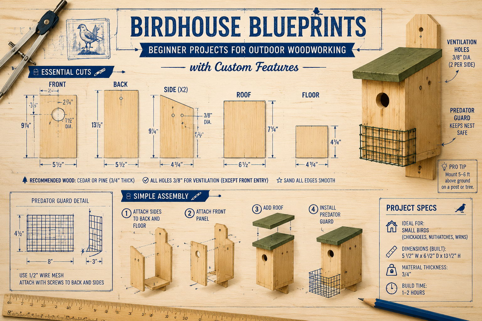 A beautifully rendered technical blueprint illustration for a beginner birdhouse project, showcasing detailed measurements,