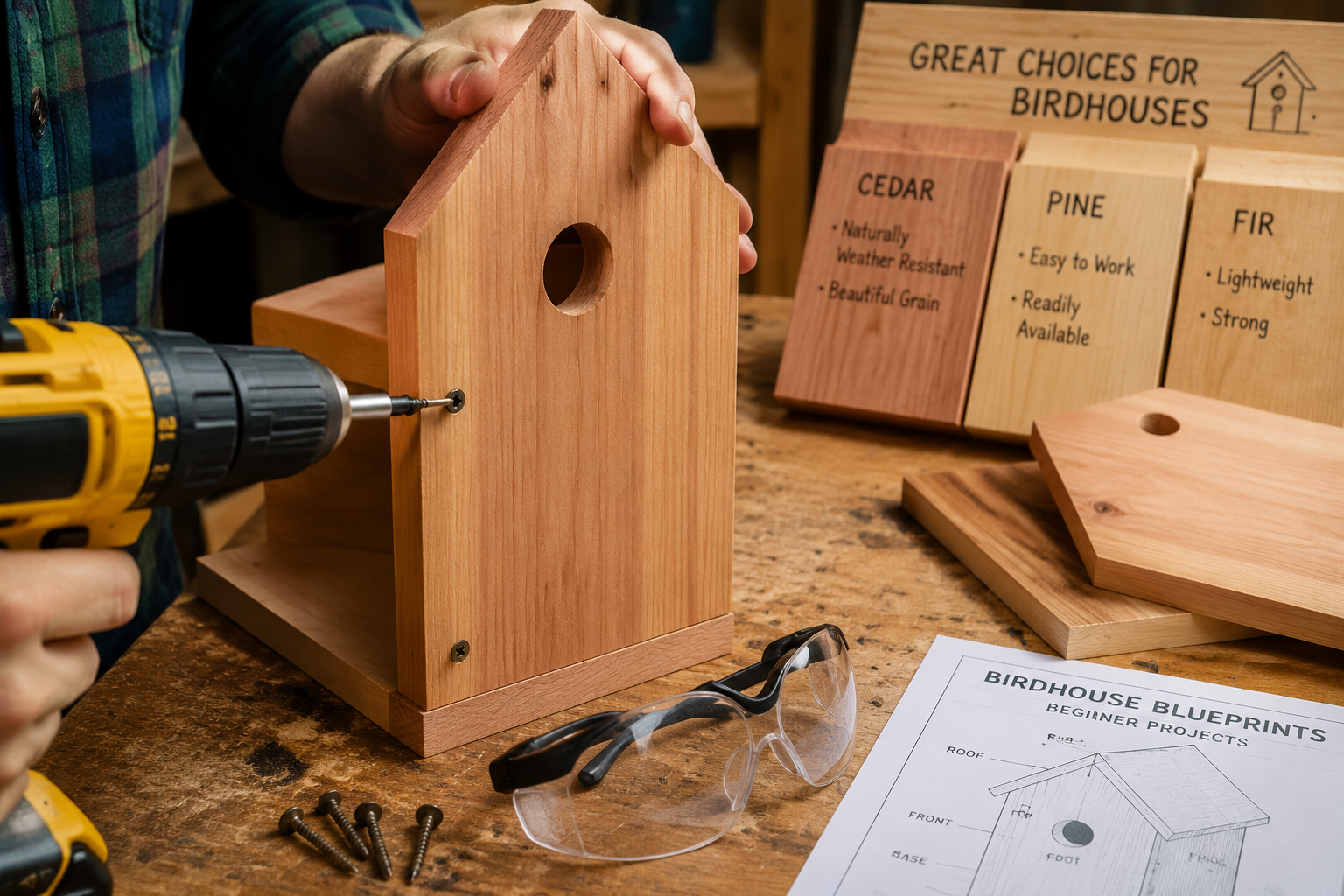 A vibrant, close-up photograph of a hands-on woodworking scene, featuring a beginner woodworker carefully assembling a