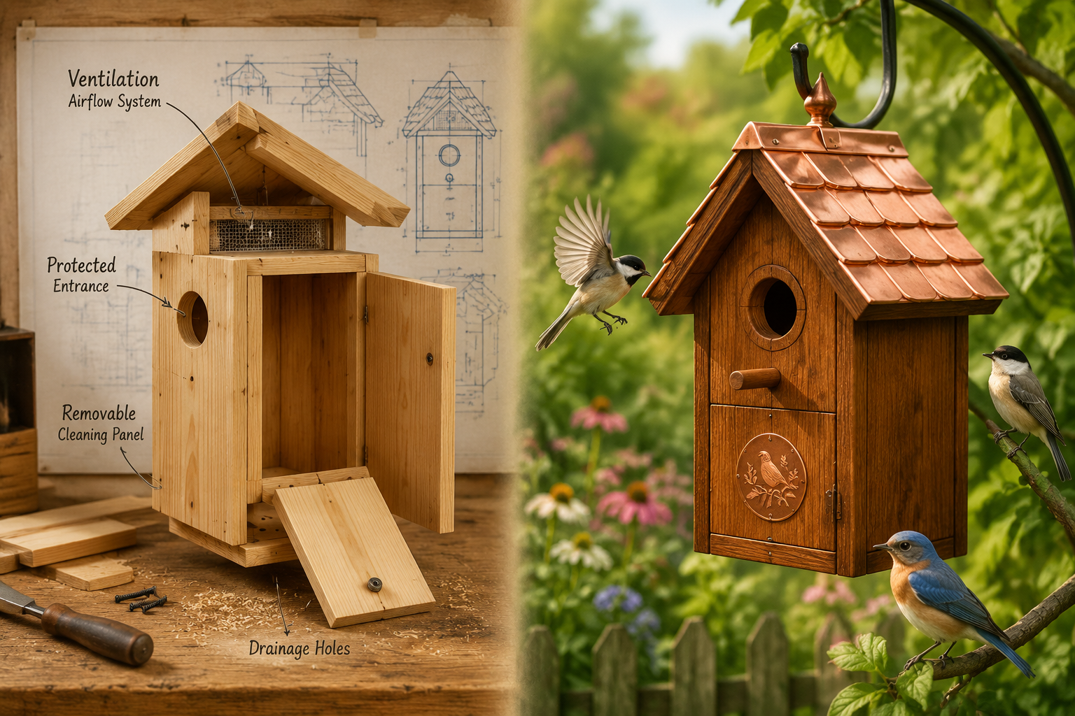 A compelling split-scene image showcasing both a partially constructed birdhouse with exposed custom features like a