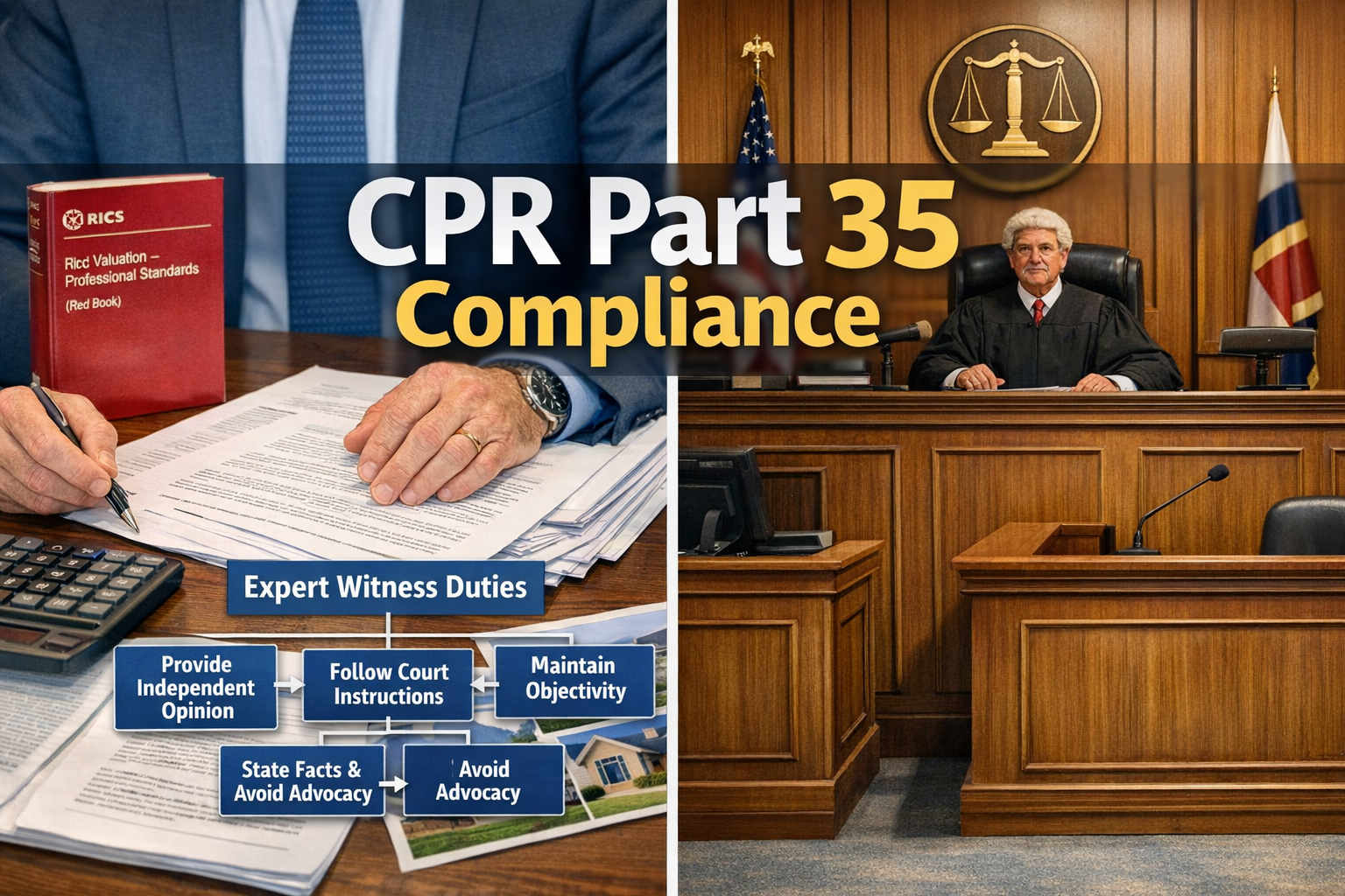 Detailed () image showing split-screen comparison: left side displays professional surveyor examining property valuation