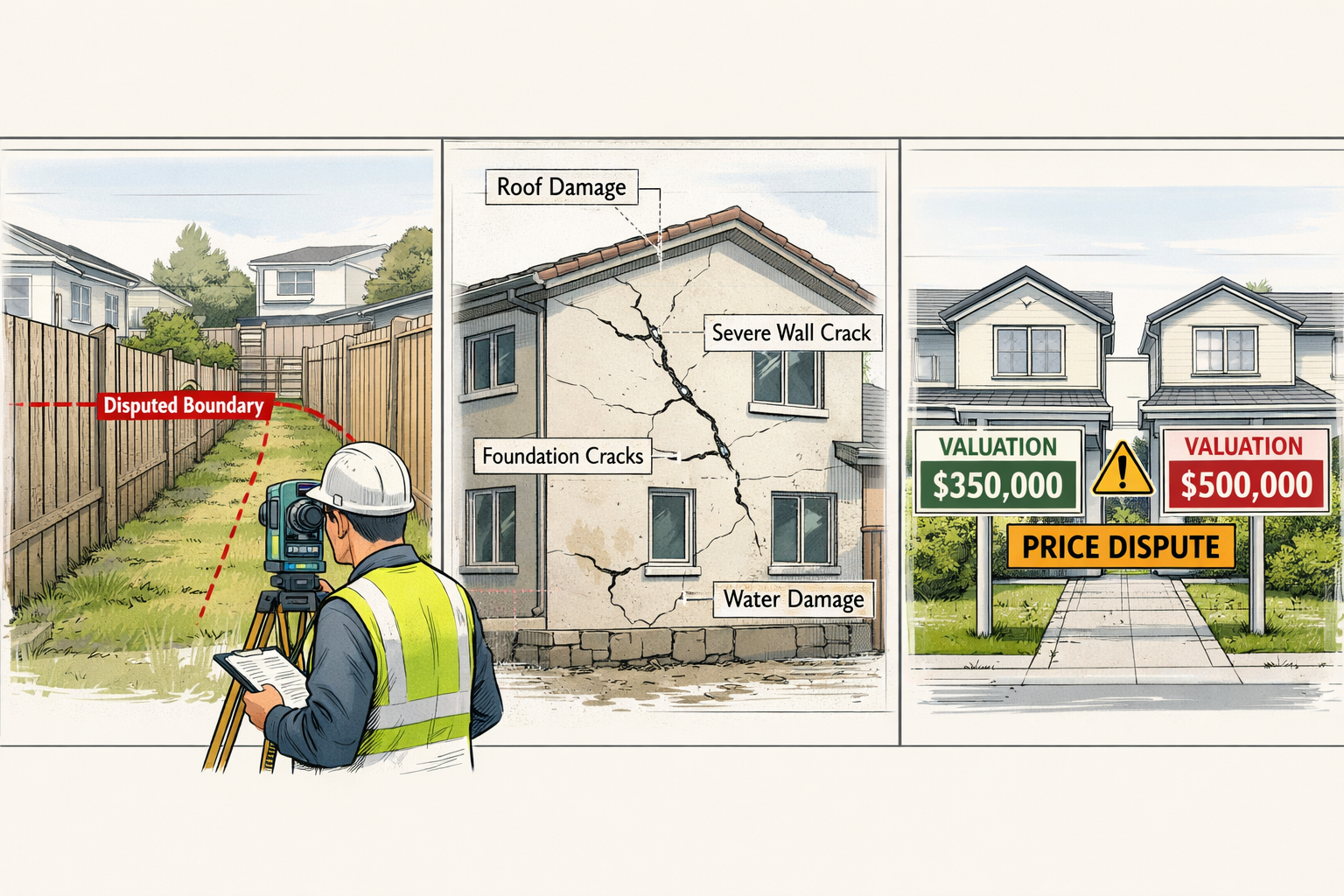 () technical illustration showing three distinct property dispute scenarios in triptych layout: left panel shows boundary
