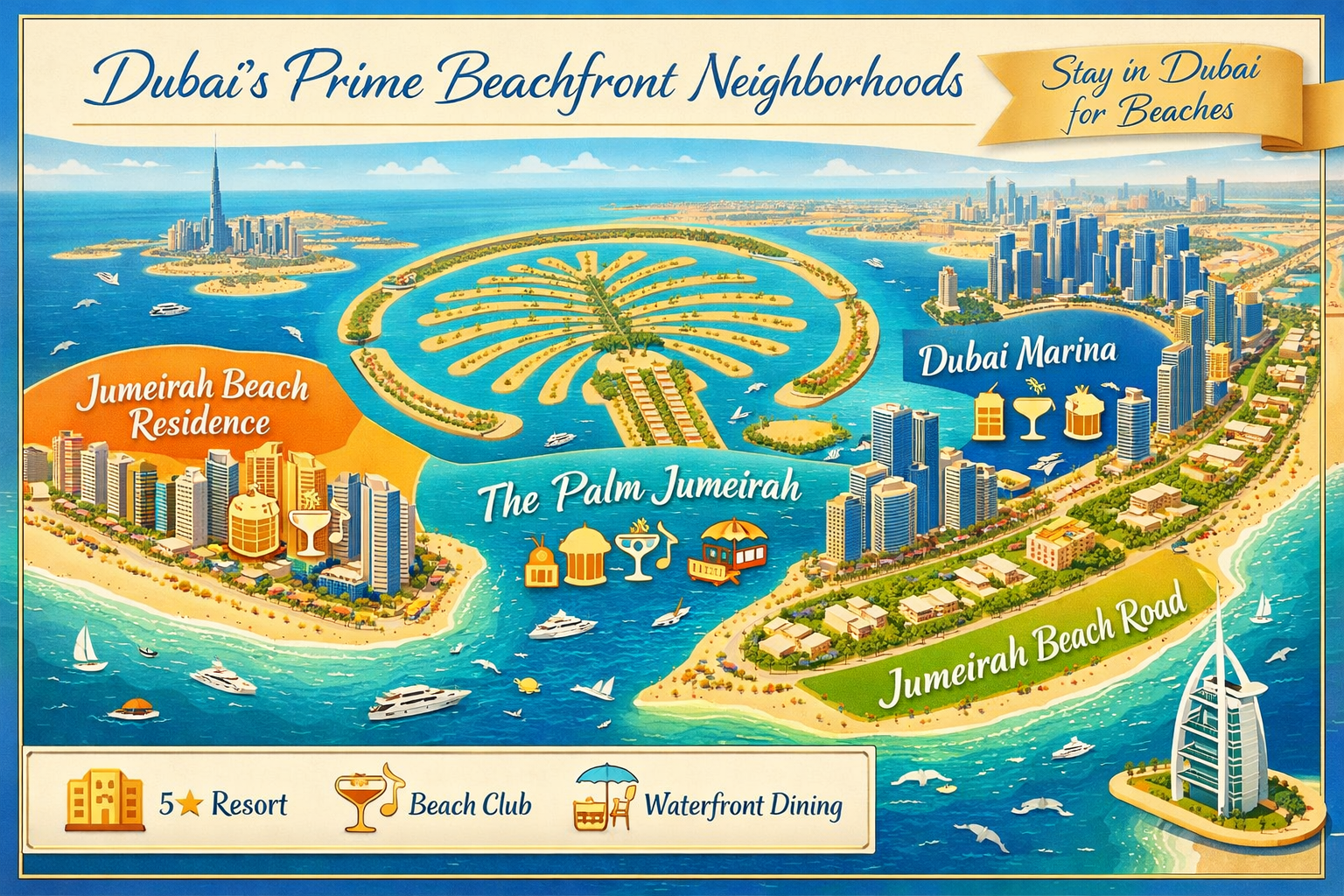 Detailed landscape illustration (1536x1024) showing Dubai's prime beachfront neighborhoods map with labeled luxury hotel districts including