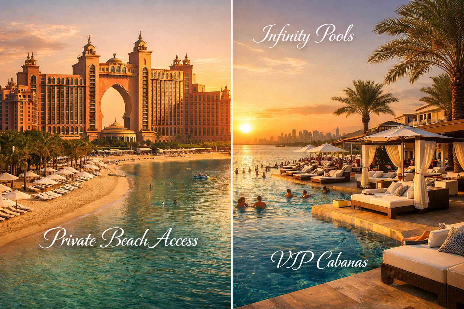 Luxurious landscape composition (1536x1024) showcasing Dubai's most exclusive beachfront hotels and beach clubs in split-screen format. Left