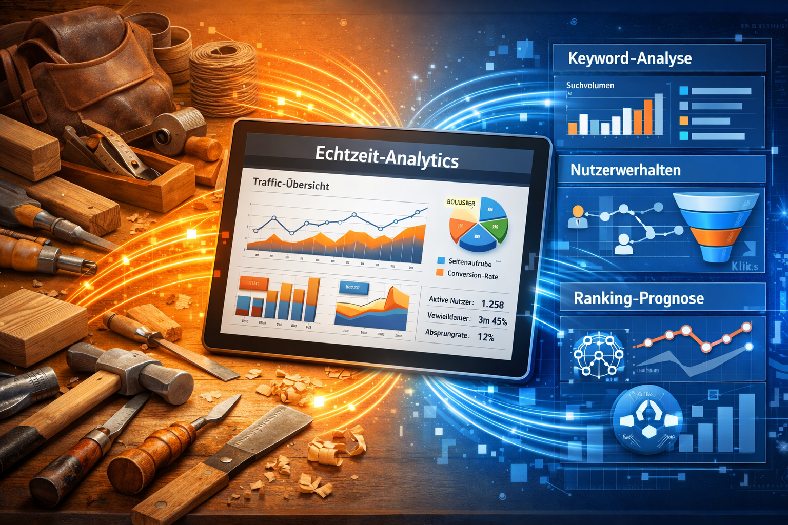 Detailliertes Querformat () Bild zeigt Split-Screen-Komposition: Links traditionelles Handwerk (Werkzeuge, Materialien),