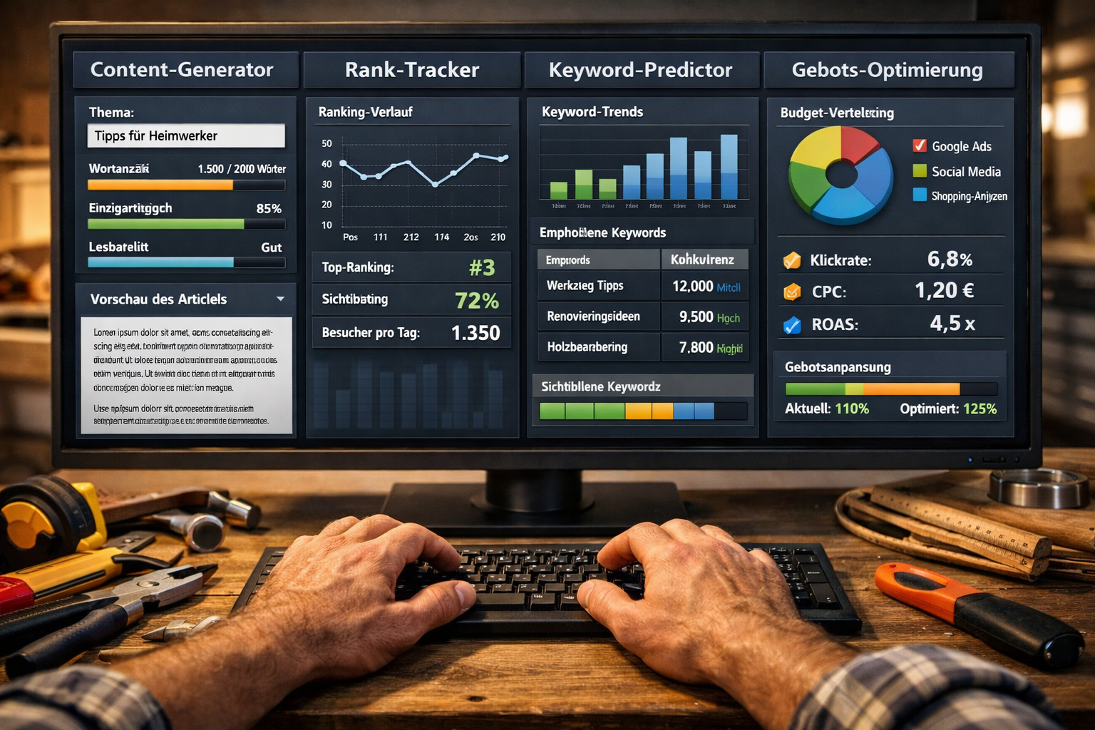 Horizontales Bild () präsentiert interaktives Dashboard auf großem Monitor: Verschiedene KI-Tool-Interfaces nebeneinander