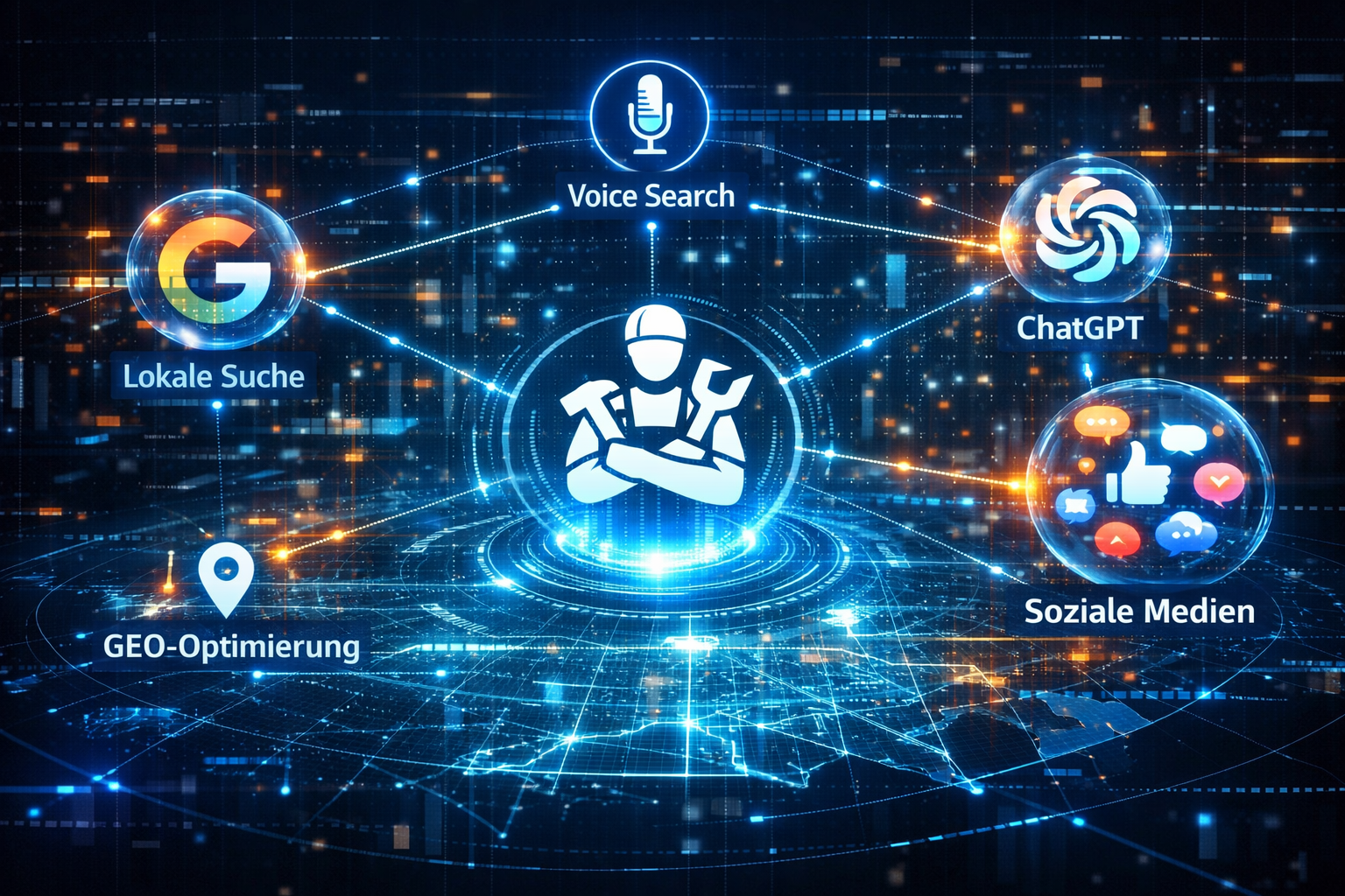 Weites Querformat () zeigt futuristische Visualisierung: Dreidimensionale Netzwerk-Karte mit Knotenpunkten für verschiedene