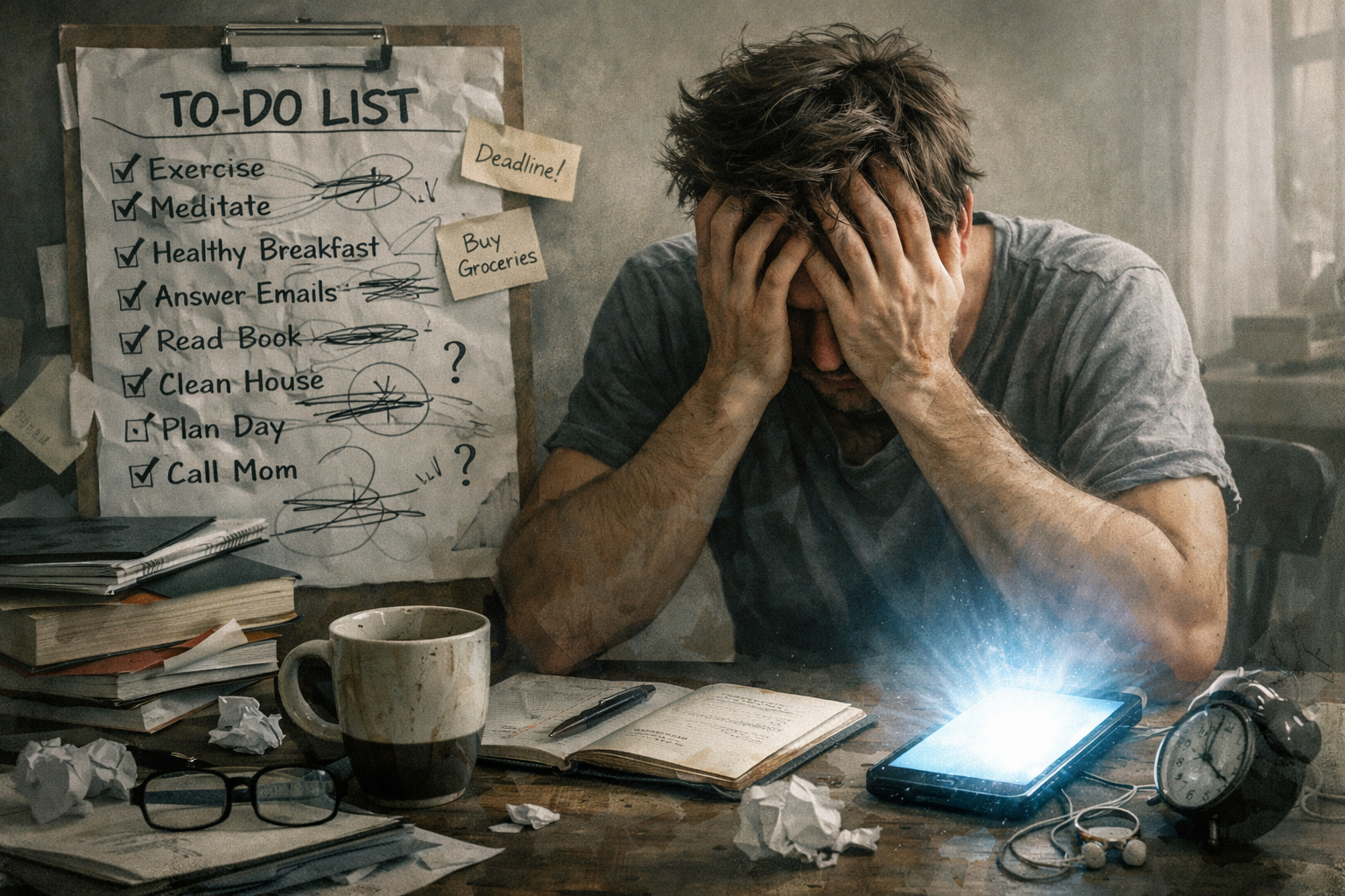 Why Your Morning Routine Is Failing (And the 7-Step Fix) 2 Do not write in Hindi on the images. Must write in English only. Don't use Hindi. Landscape format (1536x1024) editorial image depicting a p