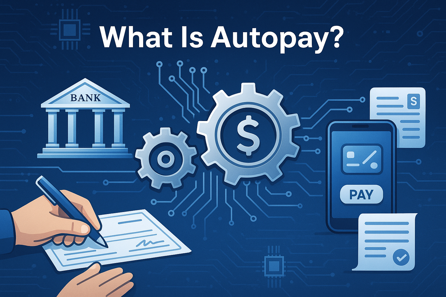 What Is Autopay? illustration depicting a stylized bank/digital payment ecosystem. Central metaphorical image of automated payment gears and