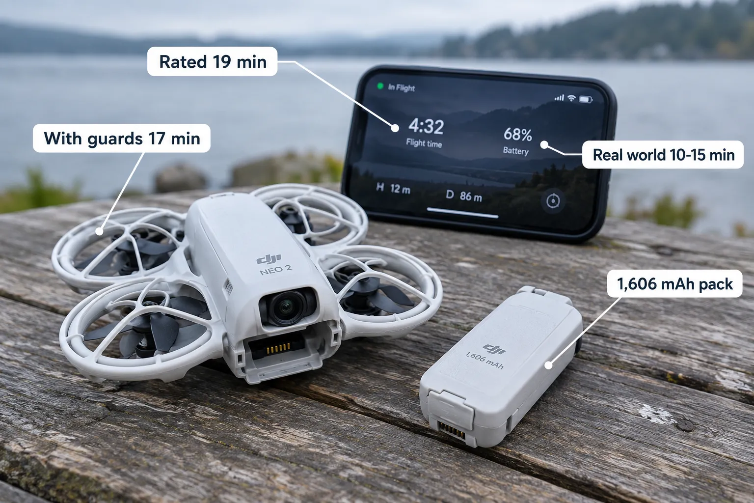 How long does the DJI Neo 2 battery last in minutes?