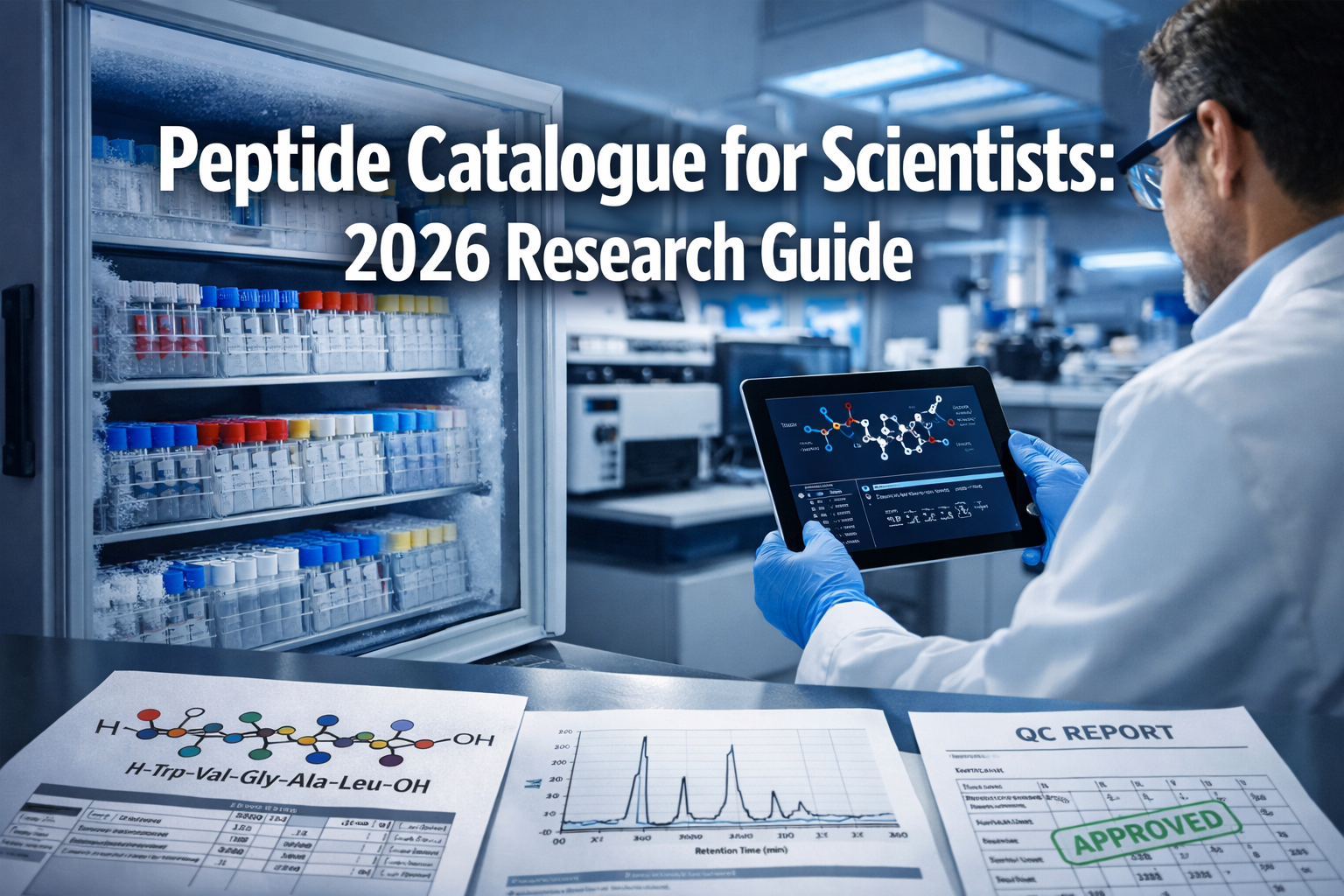 Professional landscape format (1536x1024) hero image featuring bold text overlay 'Peptide Catalogue for Scientists: 2026 Research Guide' in 