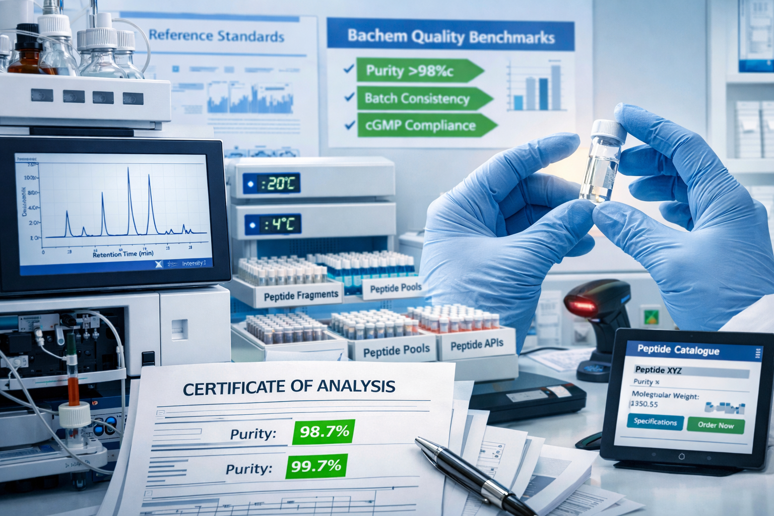 Landscape format (1536x1024) detailed research laboratory scene showing peptide quality control workflow: foreground displays HPLC analysis 