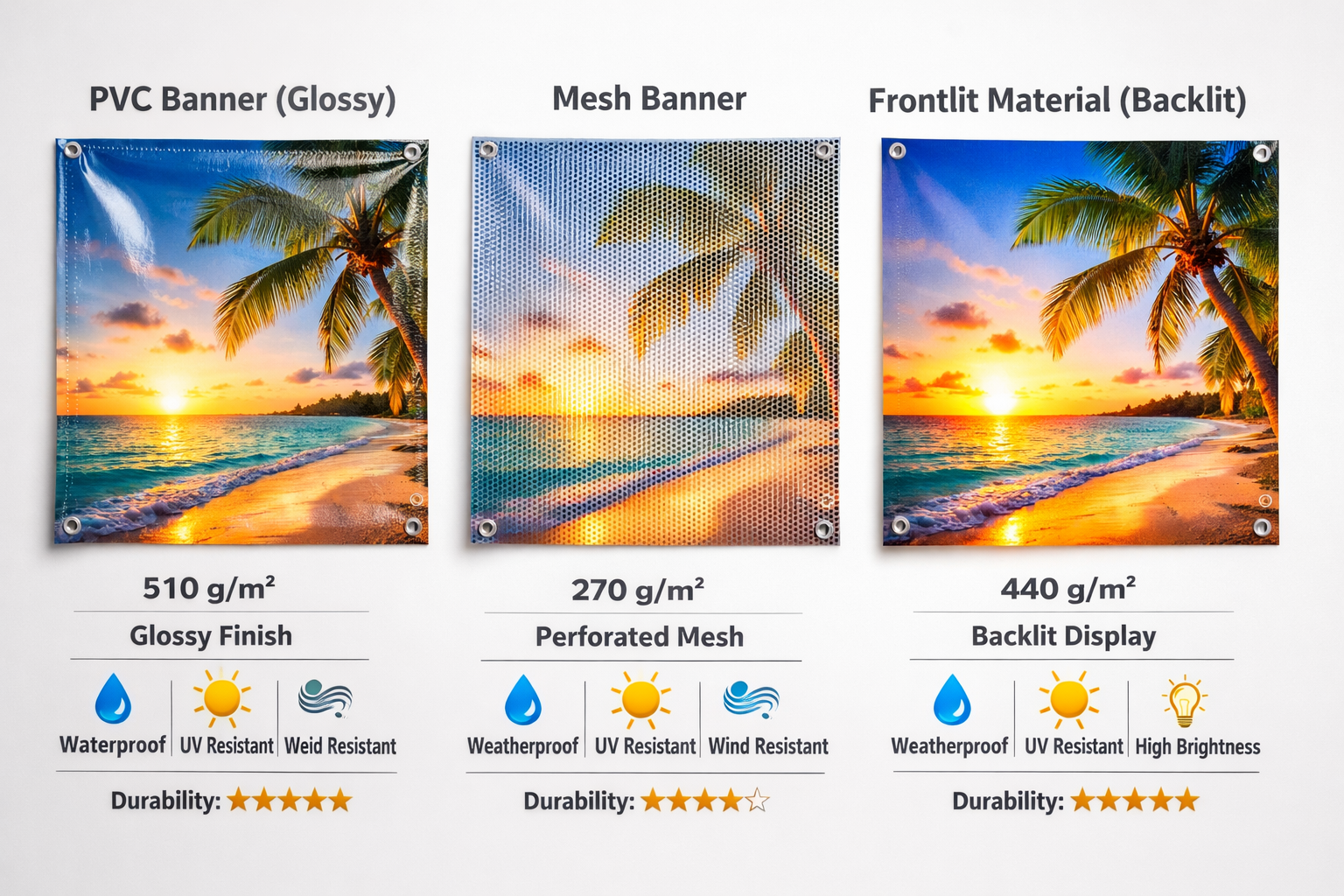 Landscape format (1536x1024) detailed image showing various banner materials side by side - PVC plane with glossy finish, mesh banner with p