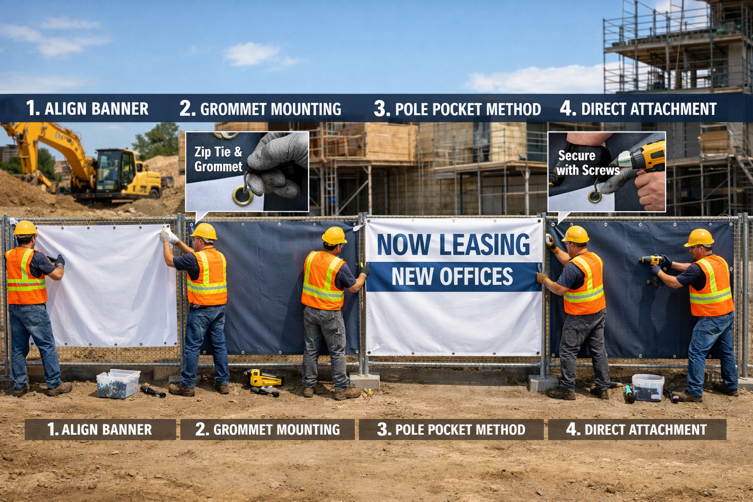 Landscape format (1536x1024) construction site scene showing step-by-step banner installation process on metal fence barriers. Workers in sa