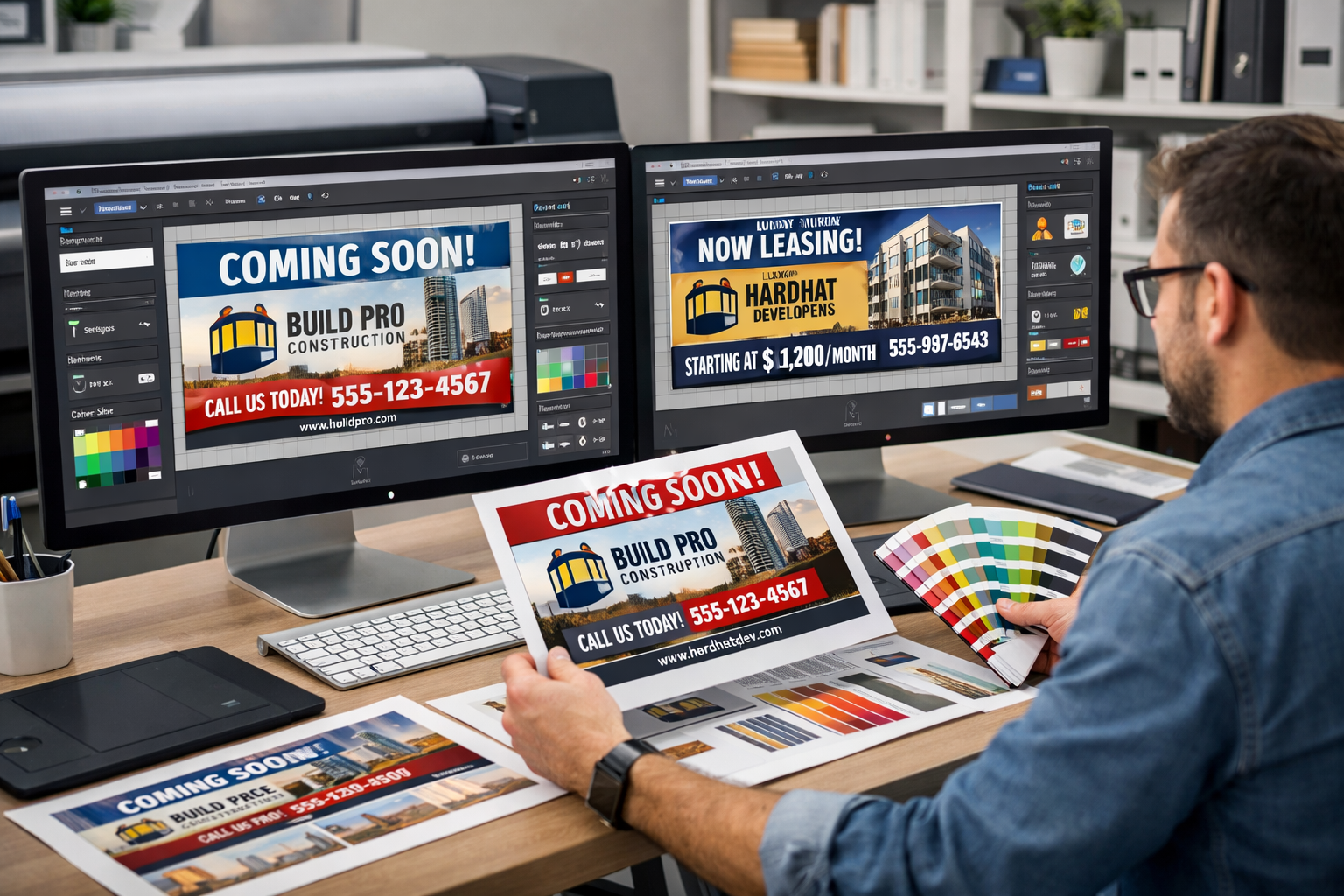 Landscape format (1536x1024) modern design workspace showing banner customization process on large computer monitors. Digital design softwar