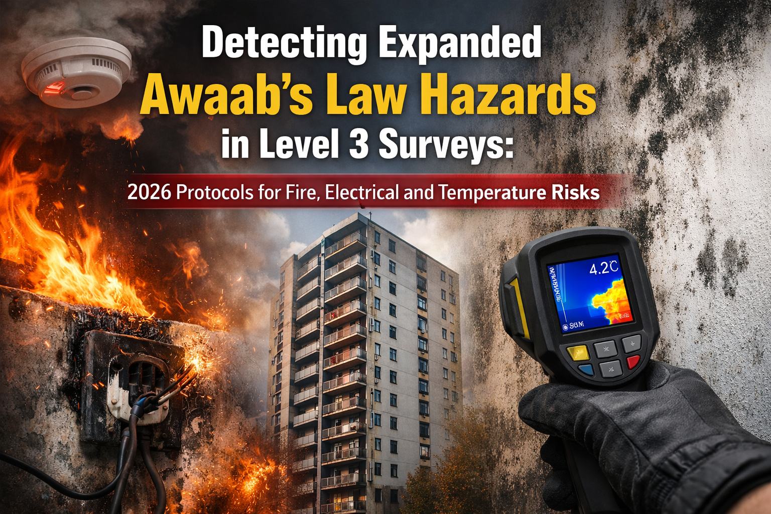 Professional landscape hero image () with : "Detecting Expanded Awaab's Law Hazards in Level 3 Surveys: 2026 Protocols for
