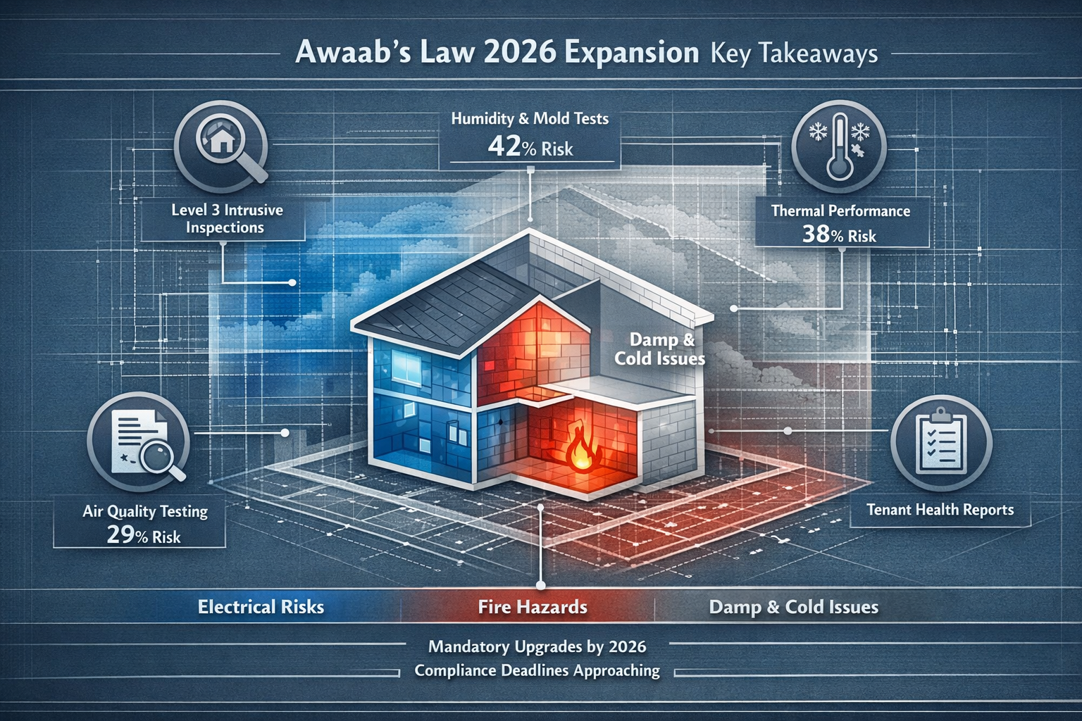 Landscape editorial infographic visualizing 'Key Takeaways' for Awaab's Law 2026 expansion, featuring a multi-layered