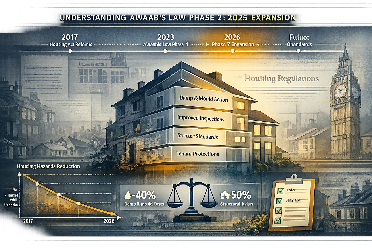 Comprehensive visual representation of 'Understanding Awaab's Law Phase 2: 2026 Expansion' featuring a chronological