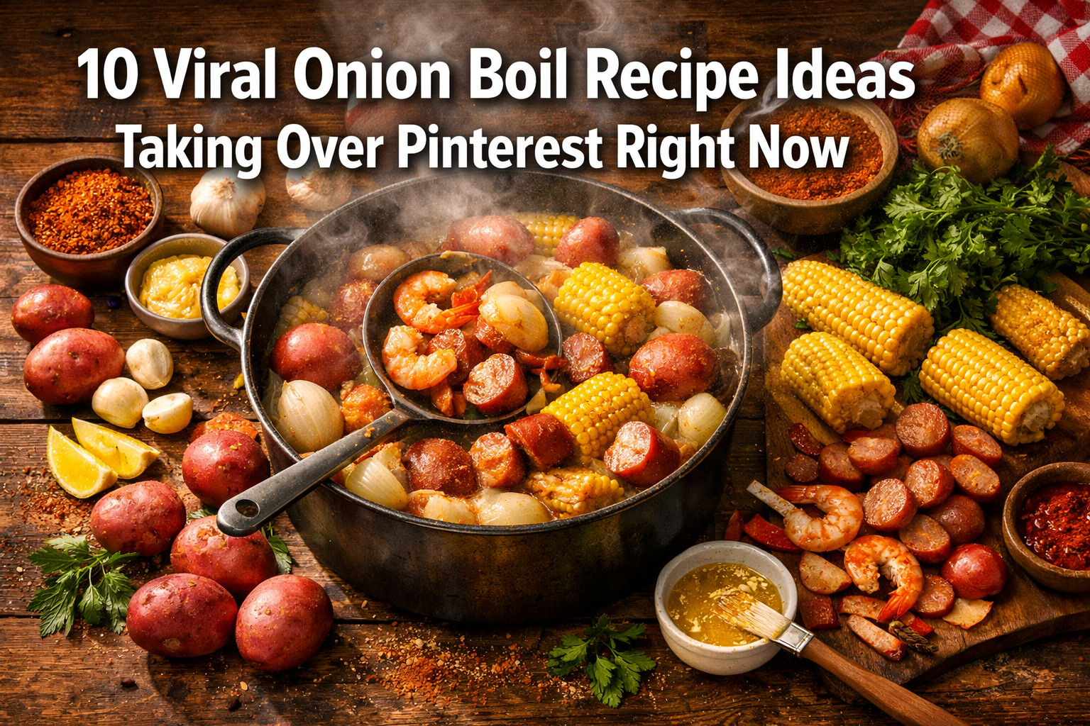 Professional landscape hero image (1536x1024) featuring bold text overlay '10 Viral Onion Boil Recipe Ideas Taking Over Pinterest Right Now'