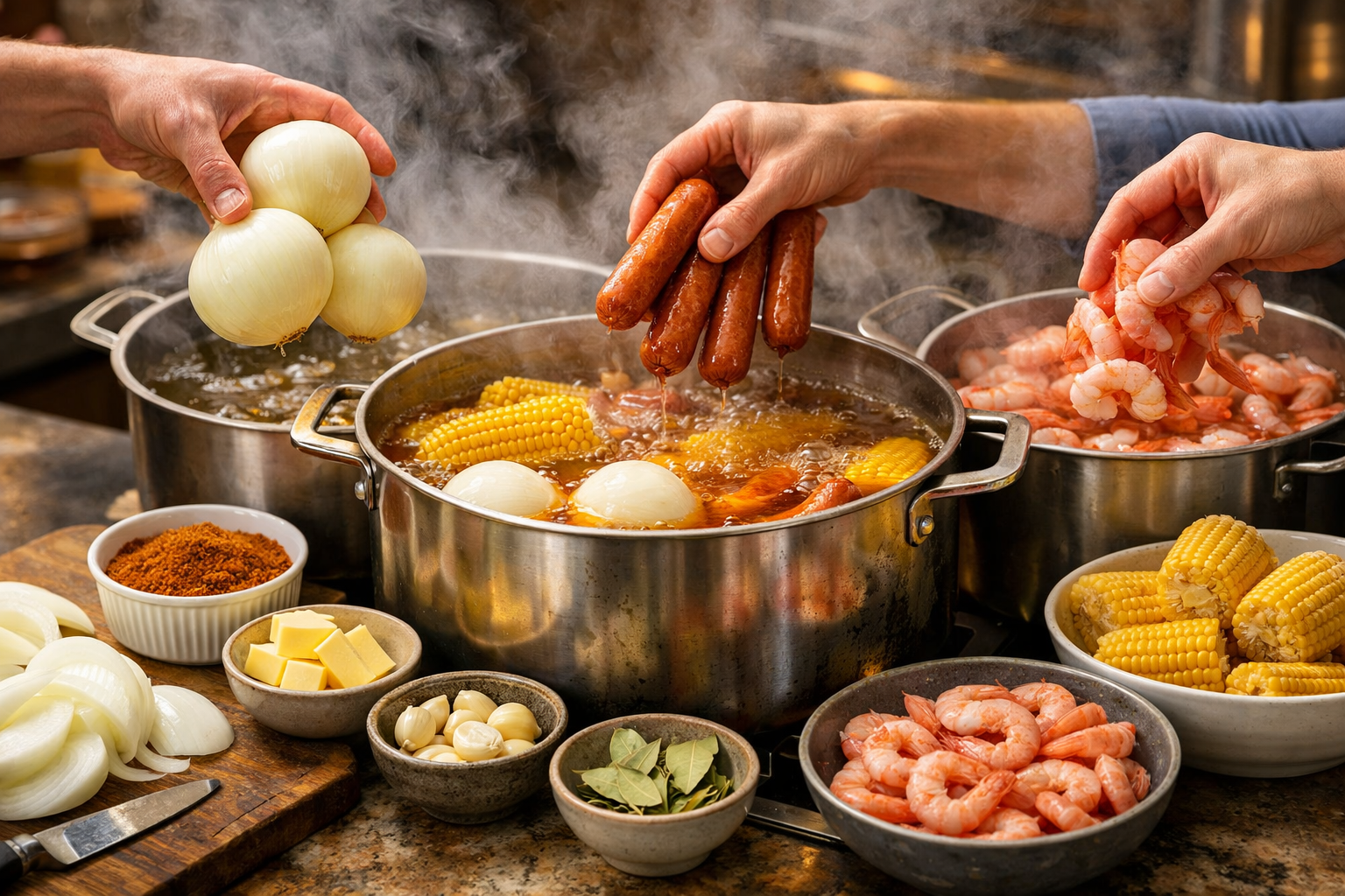 Detailed landscape image (1536x1024) showing step-by-step onion boil preparation with multiple pots on stovetop, hands adding ingredients li