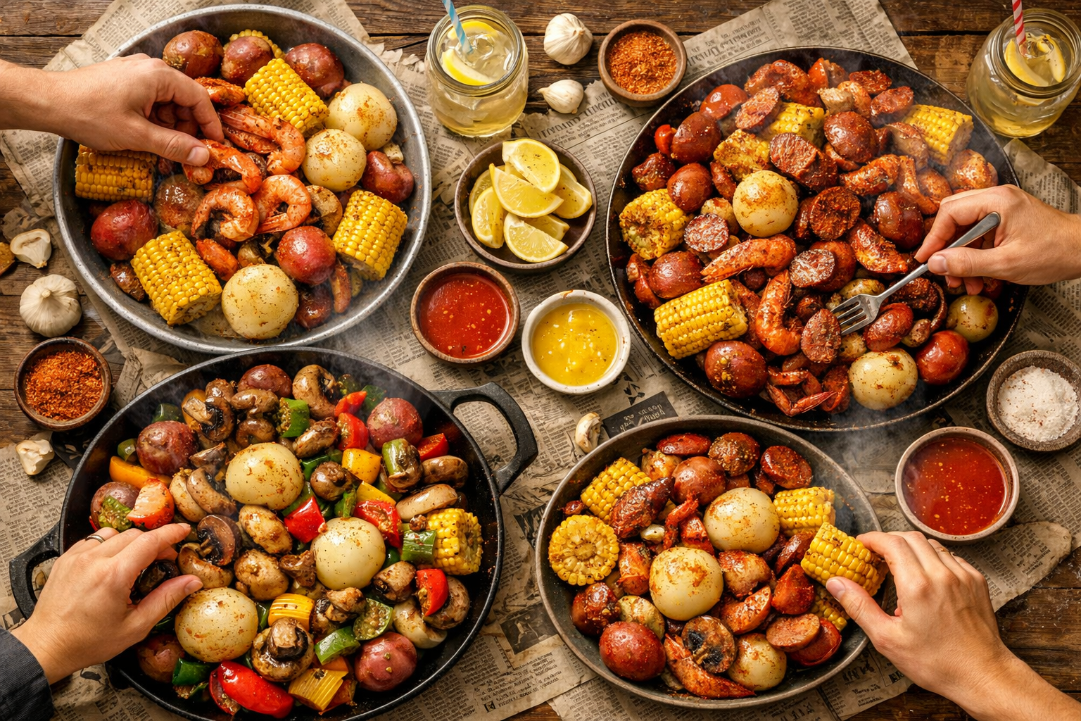 Detailed landscape image (1536x1024) showcasing variety of onion boil serving styles on rustic wooden table. Multiple bowls and platters dis