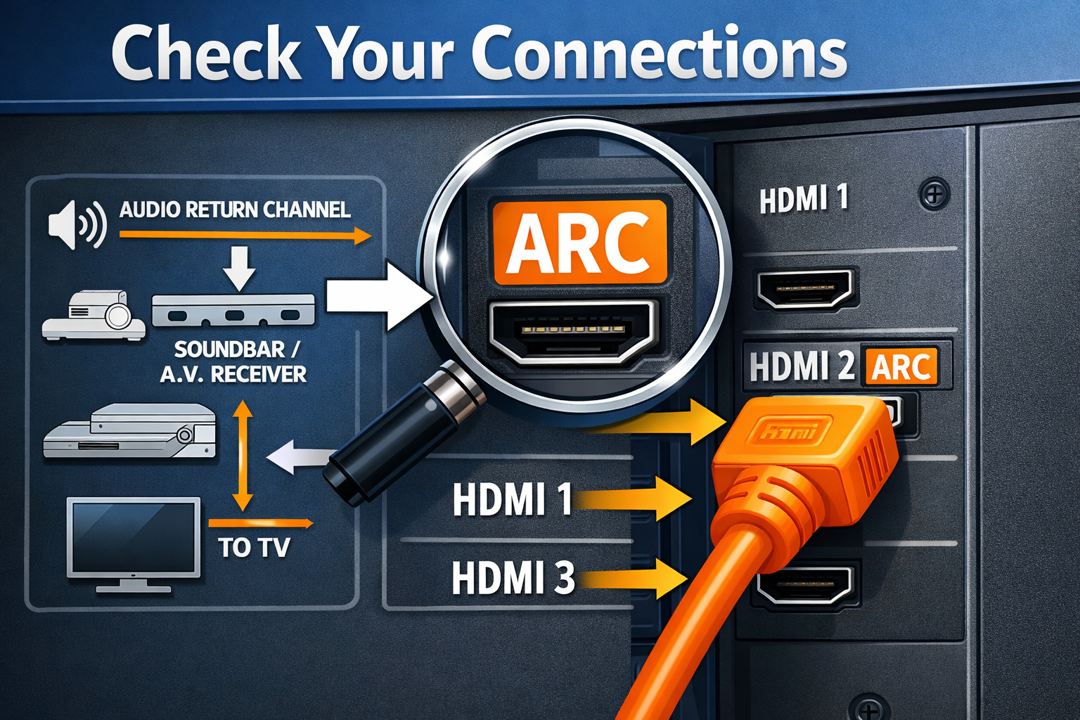 Soundbar Not Turning on With TV Landscape format (1536x1024) detailed technical illustration showing HDMI ARC port closeup on back of modern television with labeled ports (
