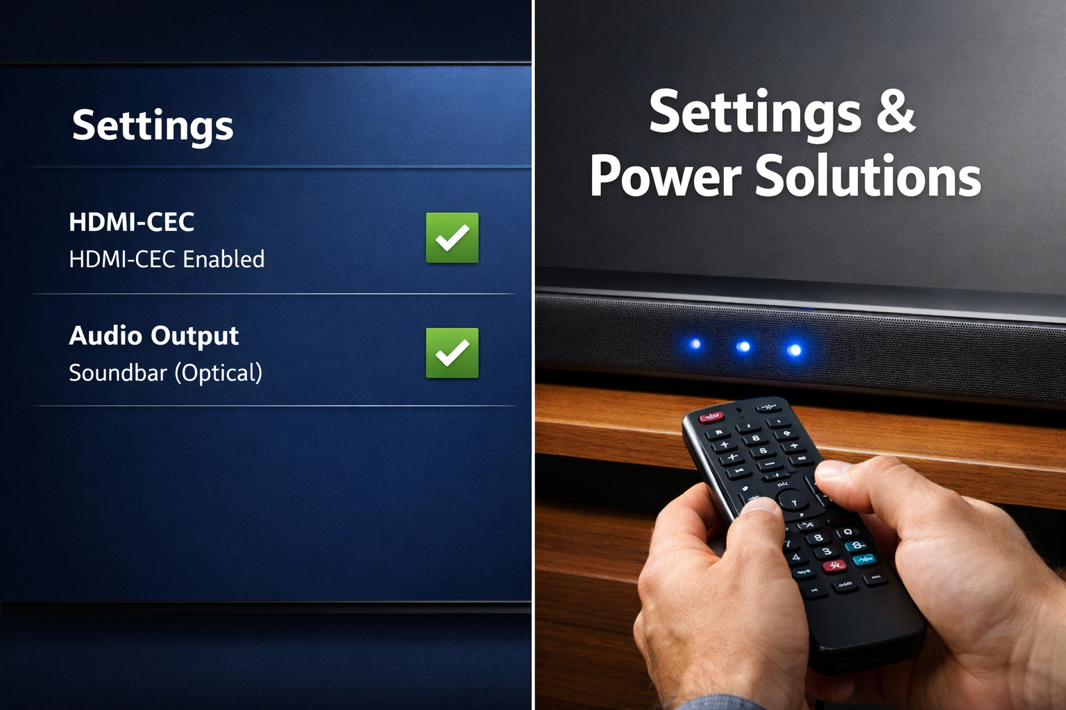 Soundbar Not Turning on With TV Landscape format (1536x1024) split-screen comparison image showing left side: TV settings menu on screen displaying HDMI-CEC and audio outpu