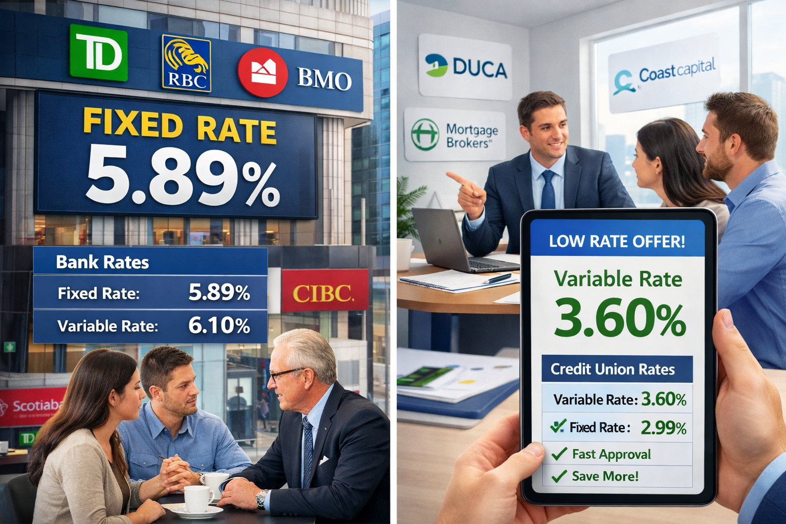 () split-screen comparison visualization: left half shows traditional big bank building (TD, RBC, BMO logos visible) with