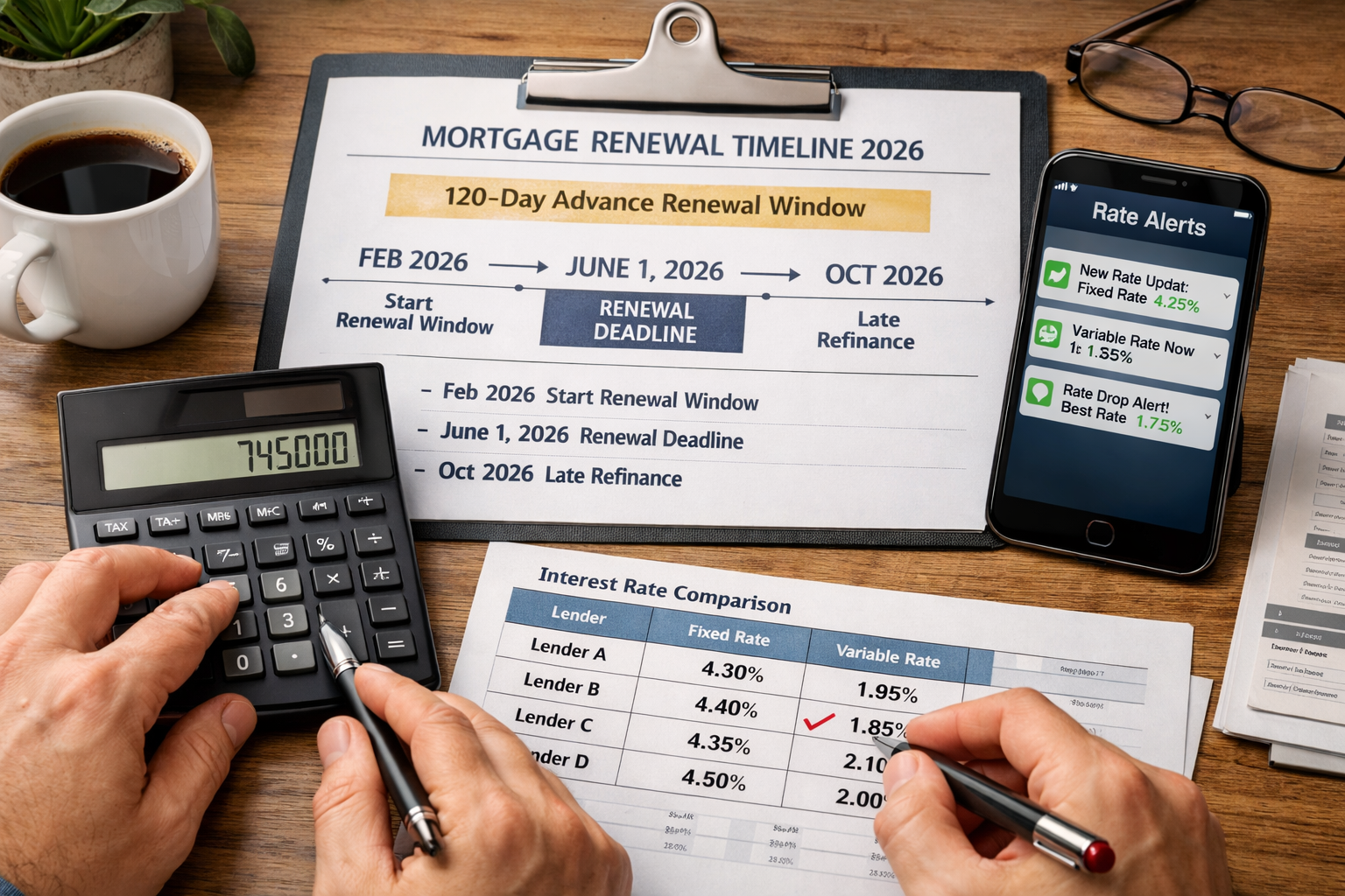 () strategic planning scene featuring close-up of hands using financial calculator alongside mortgage renewal timeline