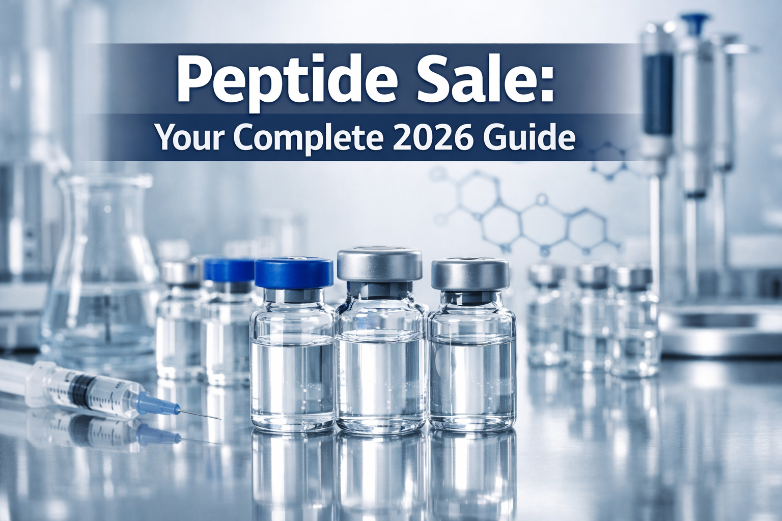 Professional landscape hero image (1536x1024) featuring bold text overlay 'Peptide Sale: Your Complete 2026 Guide' in extra large 72pt white