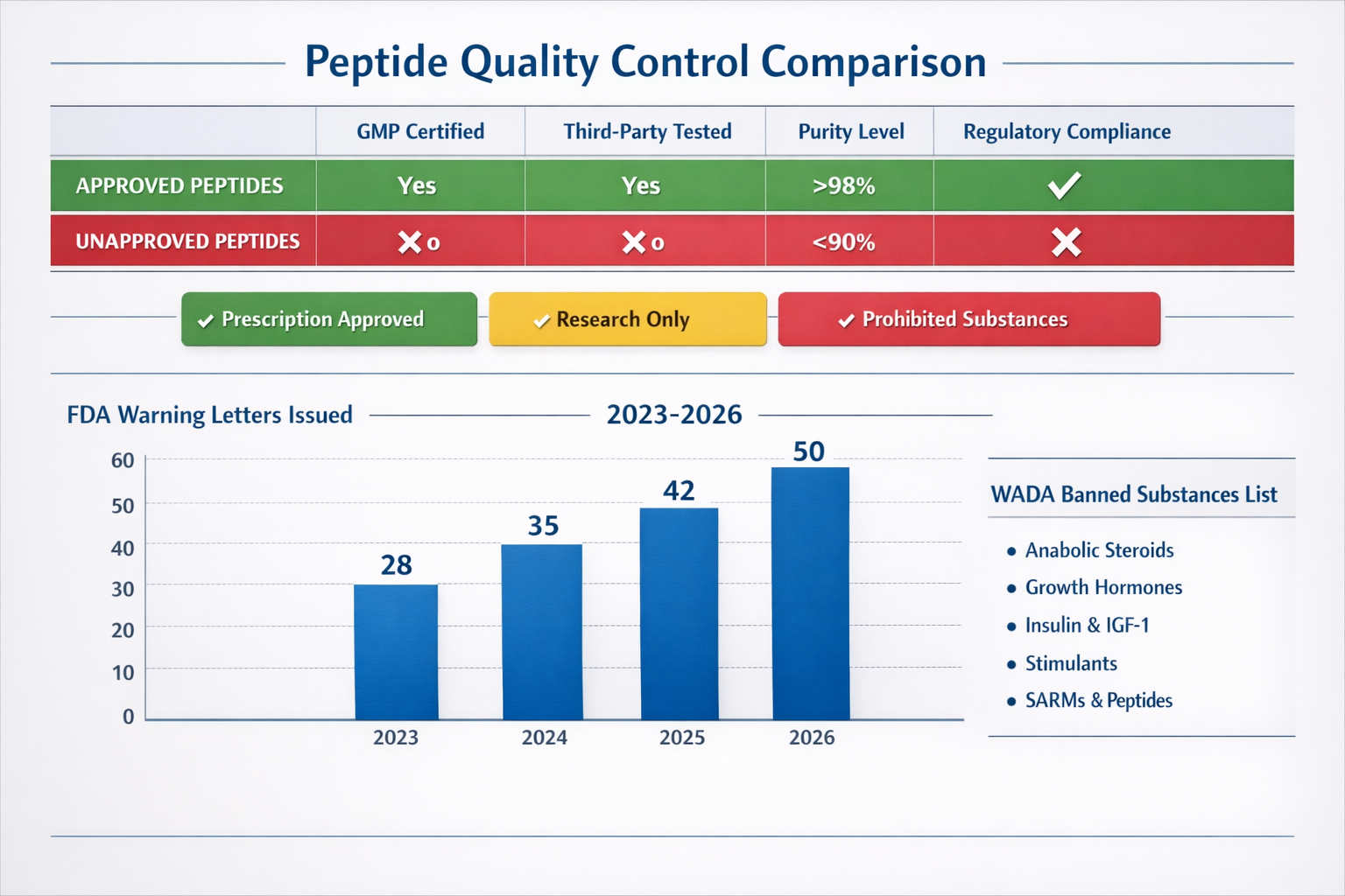 Comprehensive landscape chart (1536x1024) displaying peptide quality control comparison table with columns for GMP certification, third-part