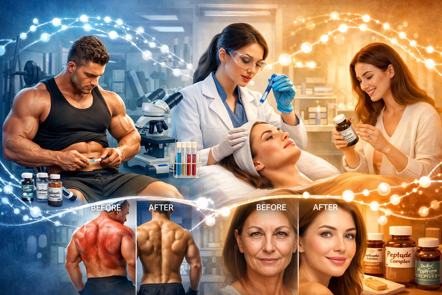 Landscape editorial image (1536x1024) depicting diverse applications of peptides across multiple settings: bodybuilder in gym with recovery 