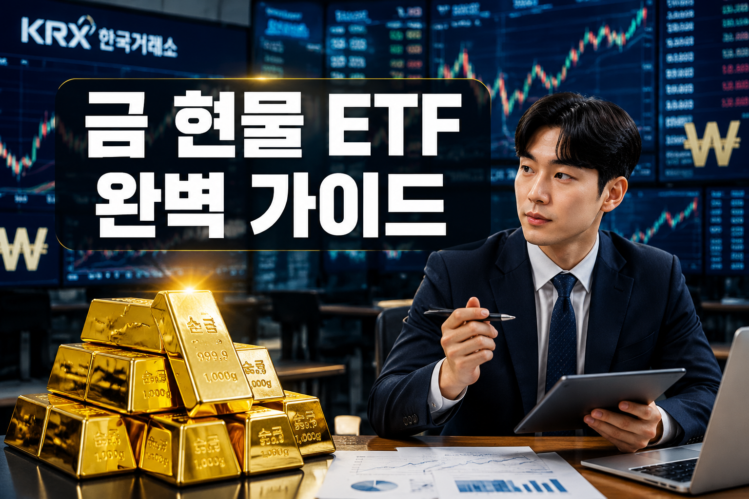Professional () hero image with Korean '금 현물 ETF 완벽 가이드' in extra large white with dark semi-transparent background panel,