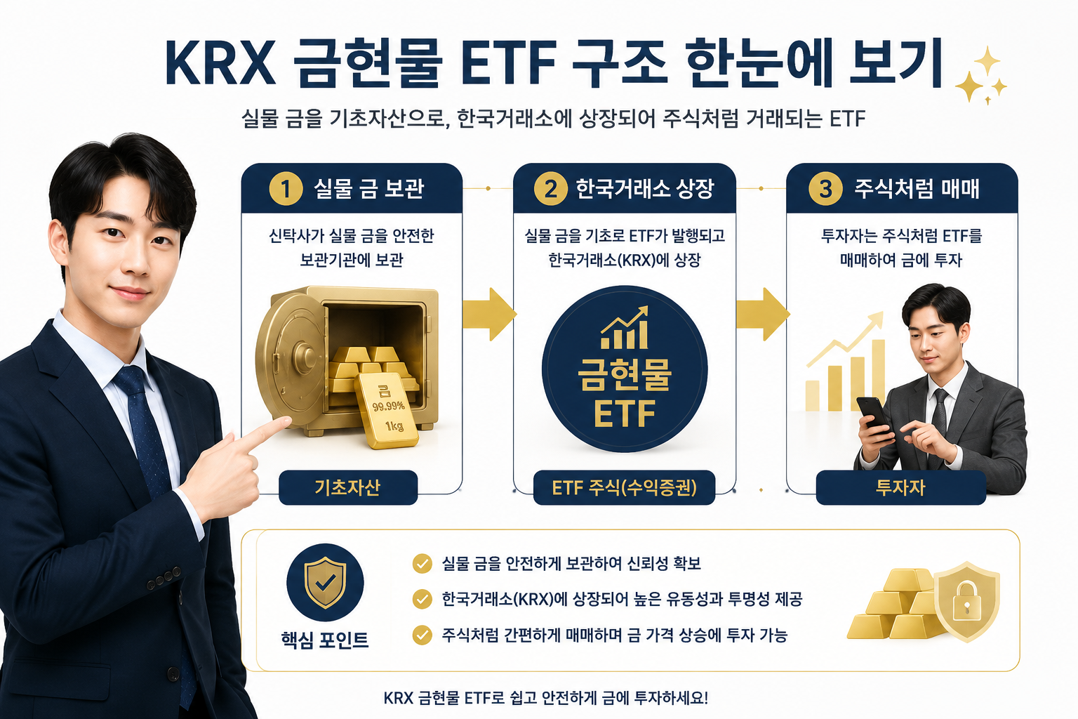 () infographic showing KRX 금현물 ETF structure diagram with Korean labels: '실물 금 보관', '한국거래소 상장', '주식처럼 매매'. Gold bar icon