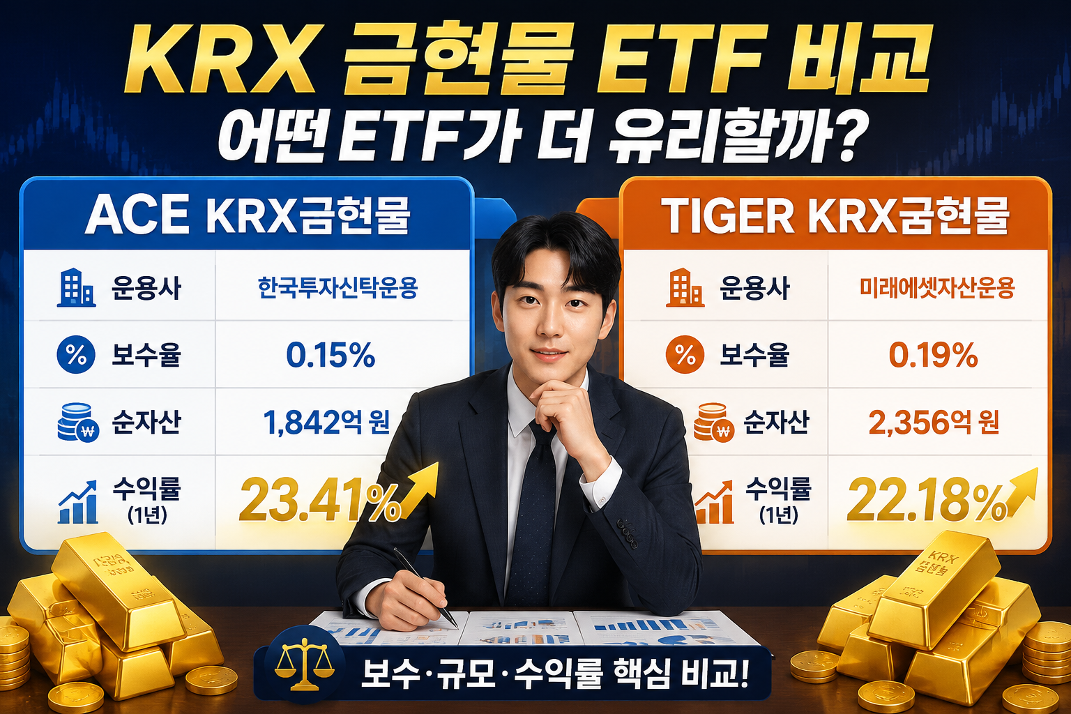 () side-by-side comparison table visual showing ACE KRX금현물 vs TIGER KRX금현물 with Korean headers '운용사', '보수율', '순자산', '수익률'.