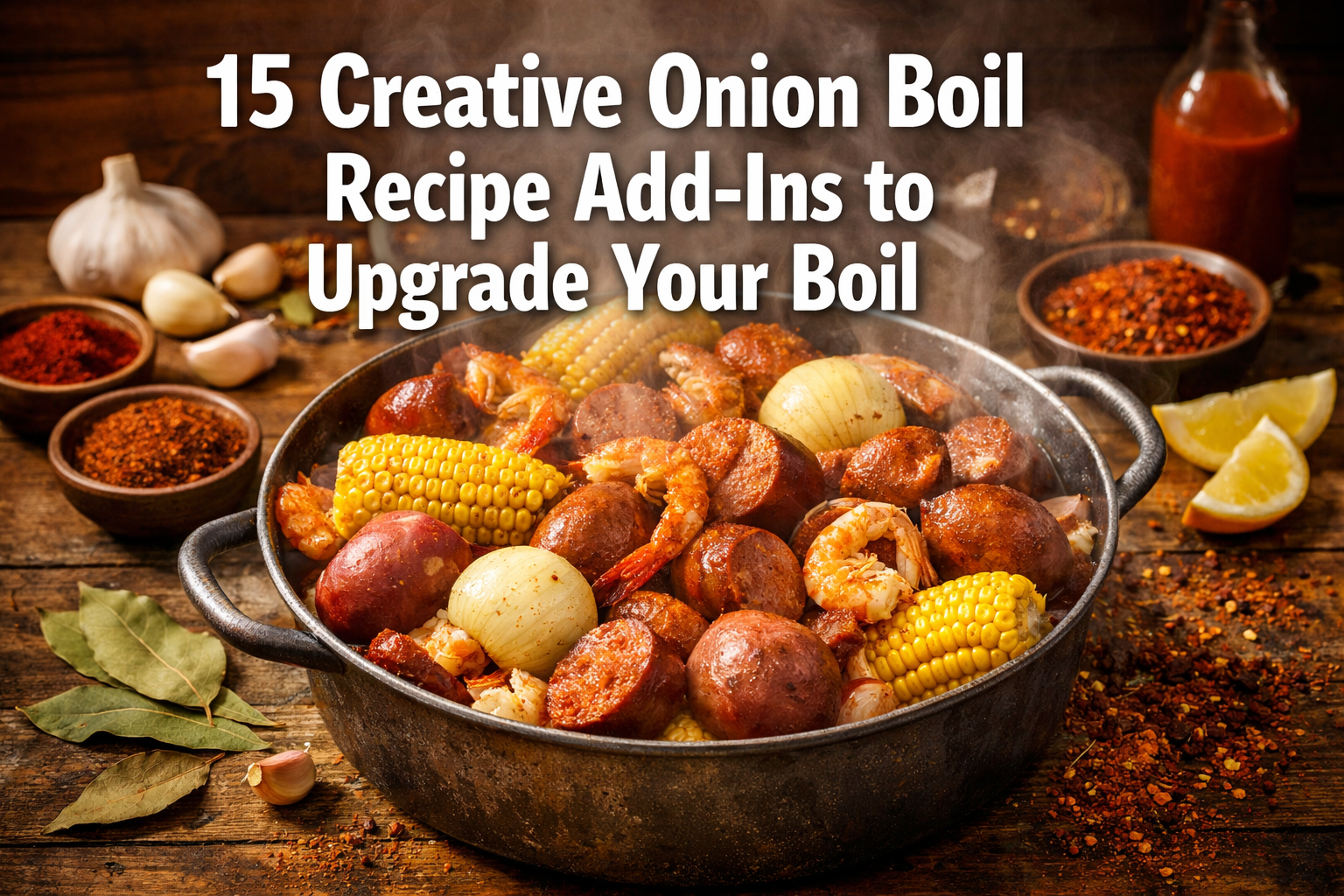 Professional landscape hero image (1536x1024) featuring bold text overlay '15 Creative Onion Boil Recipe Add-Ins to Upgrade Your Boil' in ex