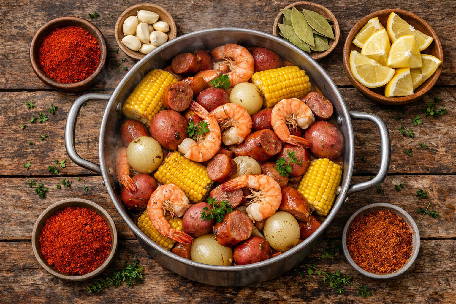 Overhead view of large steaming pot filled with traditional seafood boil featuring corn on the cob, red potatoes, andouille sausage, shrimp,